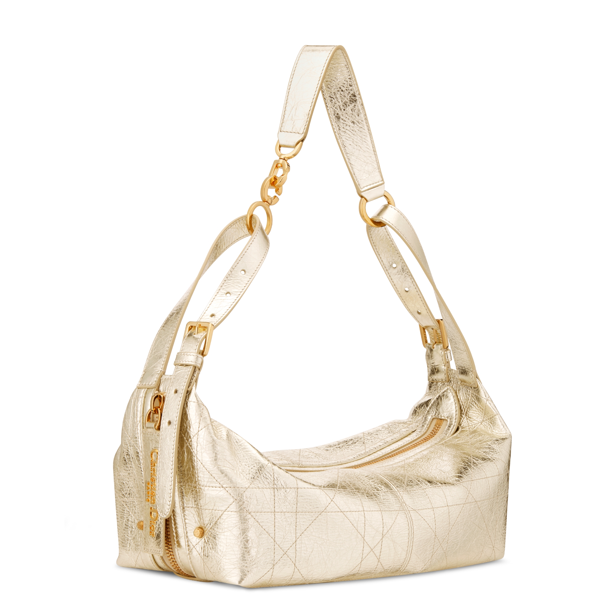 Mittelgroße D-Journey Tasche aus Kalbsleder in Knitteroptik Flat Macrocannage in Metallic-Goldfarbe E03