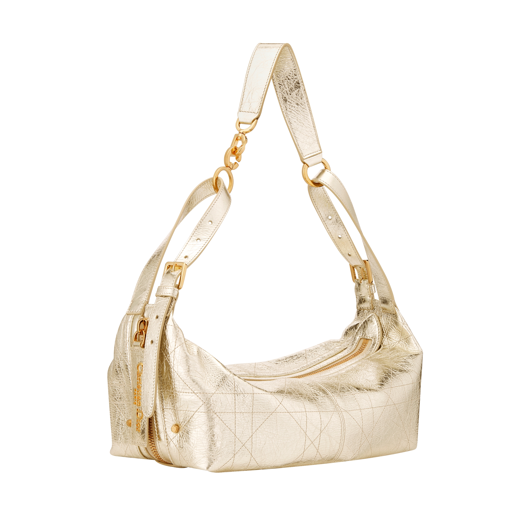 Medium D-Journey Bag in Crinkled Calfskin Metallic Gold-Tone Flat Macrocannage E03
