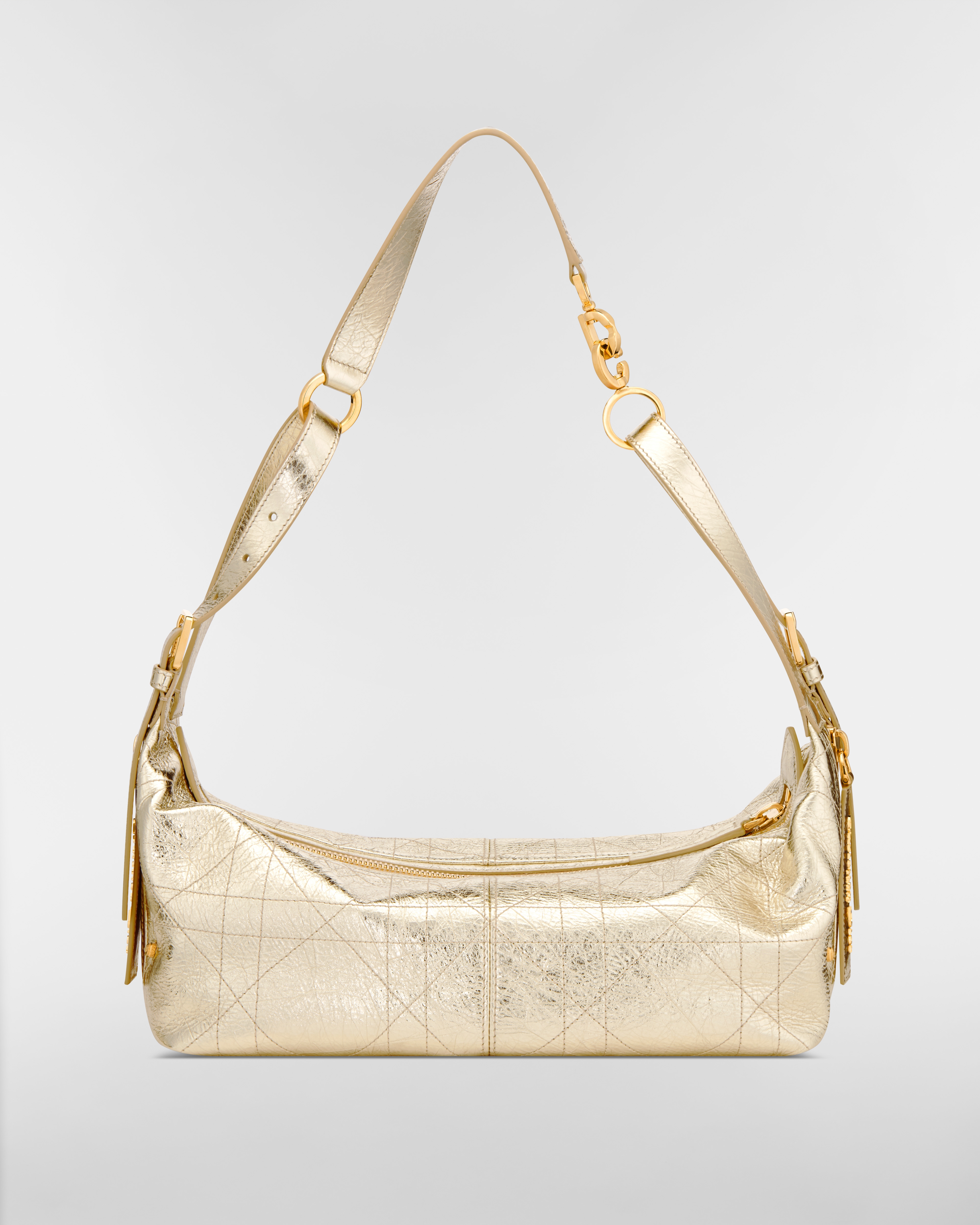 Borsa media D-Journey in pelle di vitello increspata Motivo Flat Macrocannage color oro metallizzato E08