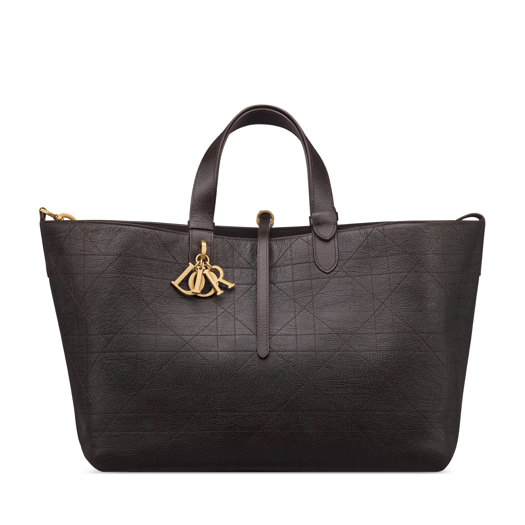 Large Dior Toujours Bag Chocolate Brown Flat Macrocannage Shiny Grained Calfskin E01