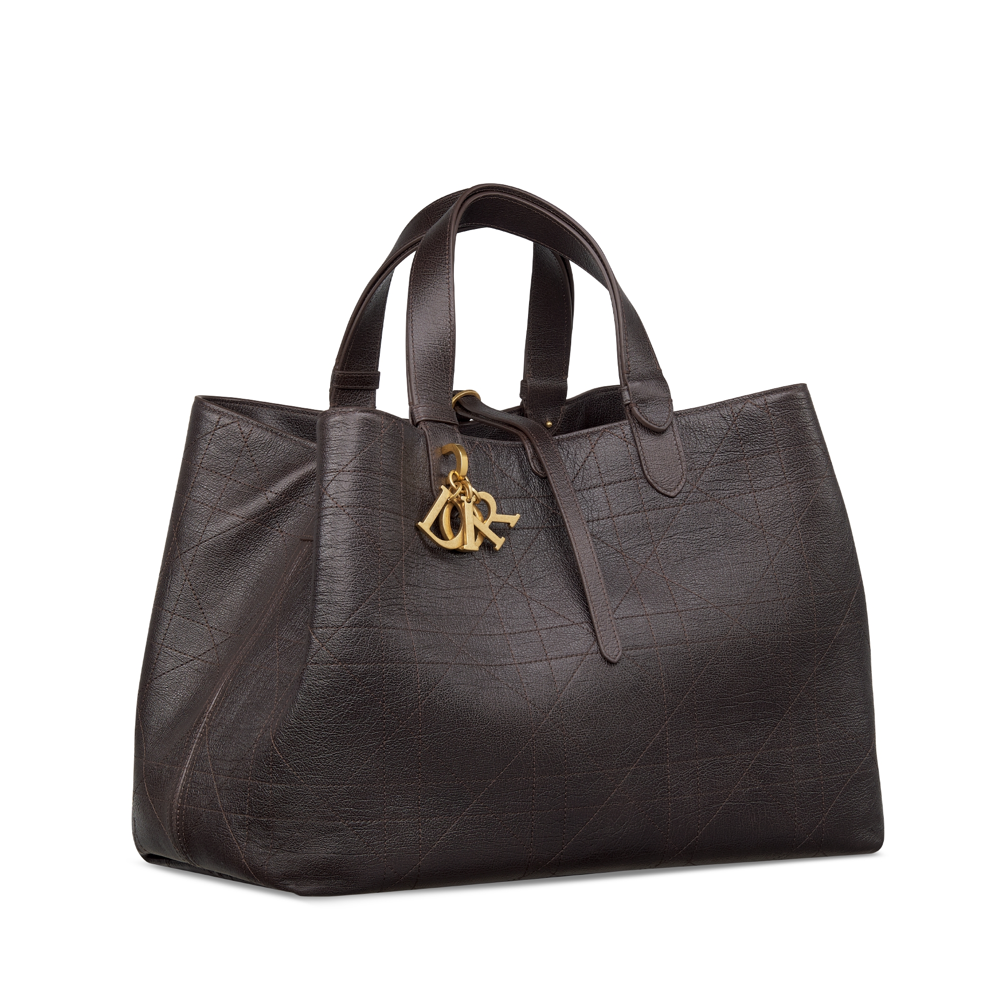 Large Dior Toujours Bag Chocolate Brown Flat Macrocannage Shiny Grained Calfskin E03