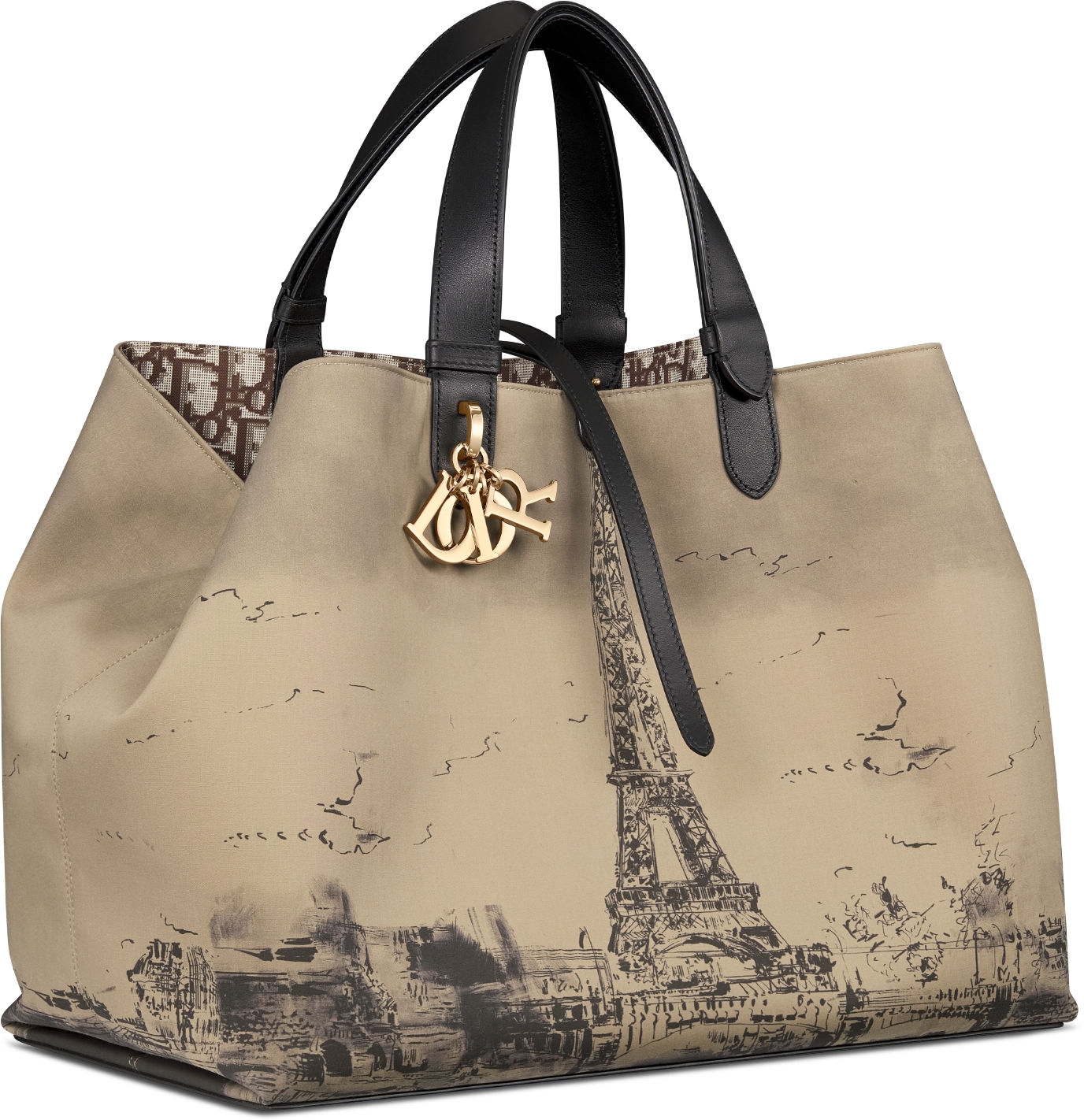 Bolso grande Dior Toujours Tejido resistente al agua con estampado Paris beige y negro DIOR