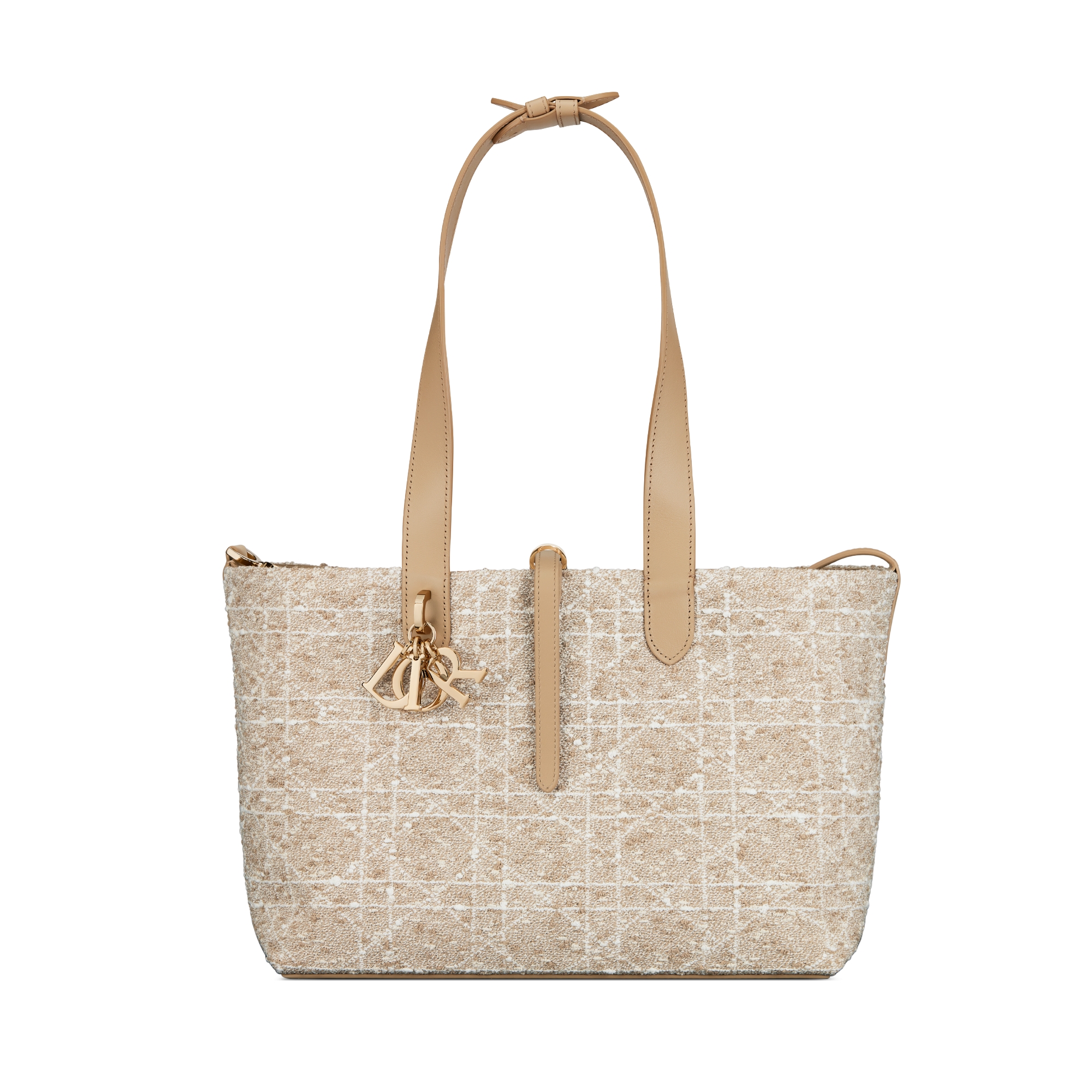 Medium Dior Toujours Bag Light Biscuit Tweed with White Cannage Motif E07