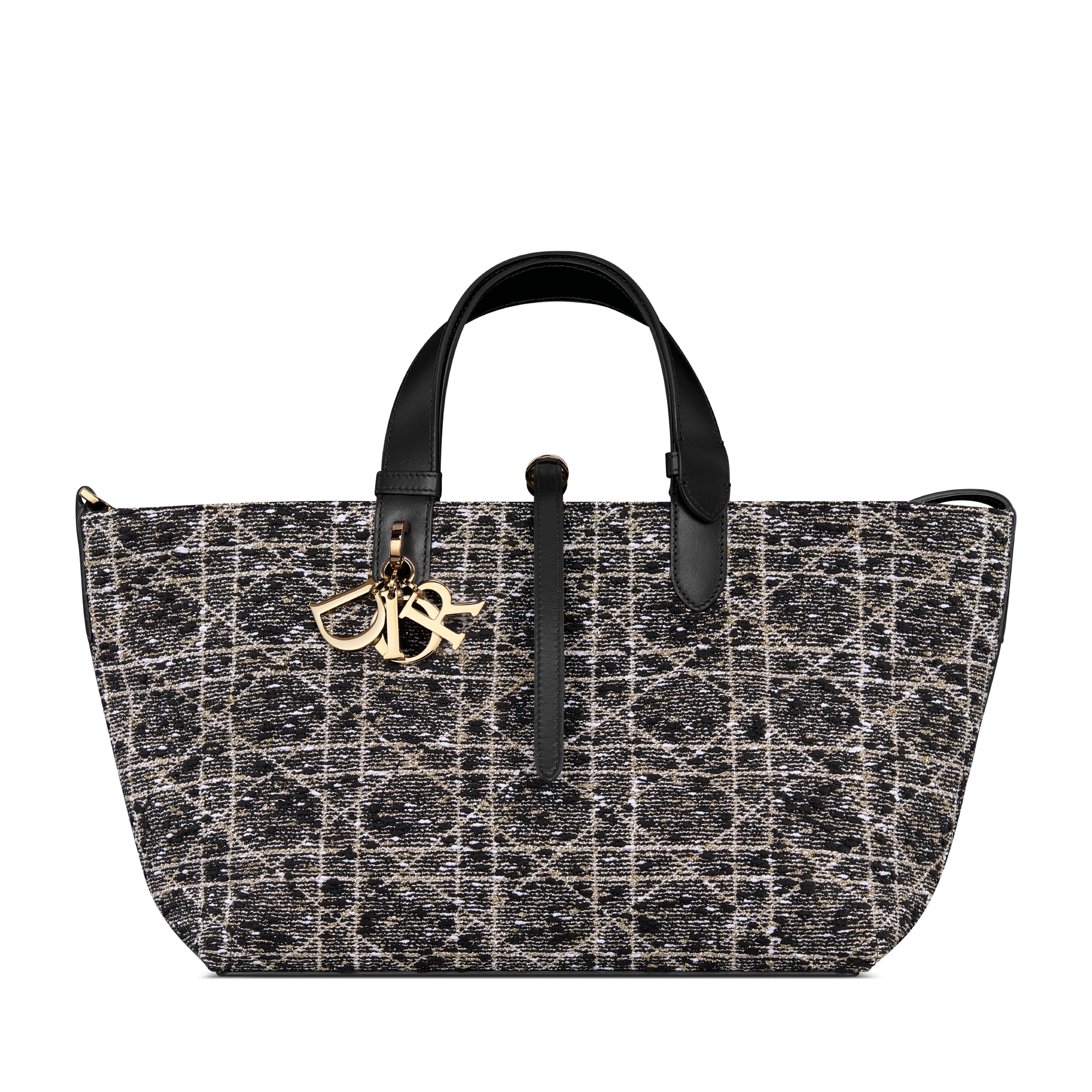 Mittelgroße Dior Toujours Tasche Tweed in Schwarz mit Cannage Motiv aus Metallfaden in Goldfarbe E01