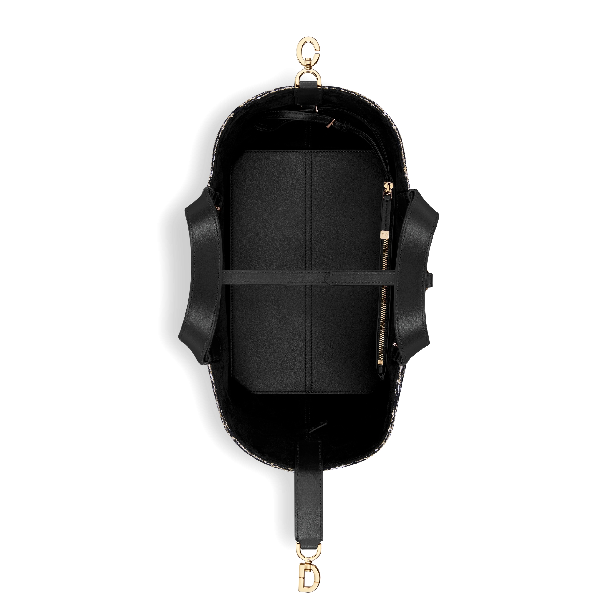 Mittelgroße Dior Toujours Tasche Tweed in Schwarz mit Cannage Motiv aus Metallfaden in Goldfarbe E06