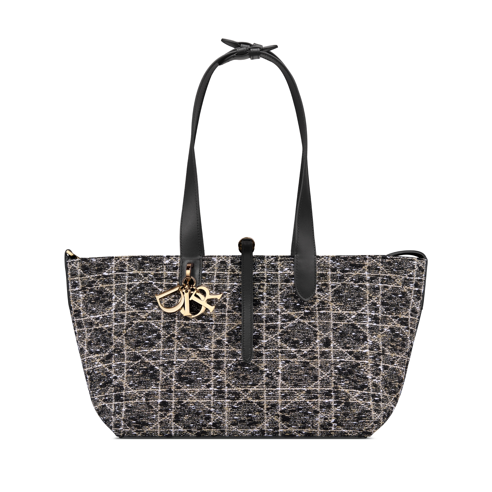 Mittelgroße Dior Toujours Tasche Tweed in Schwarz mit Cannage Motiv aus Metallfaden in Goldfarbe E07