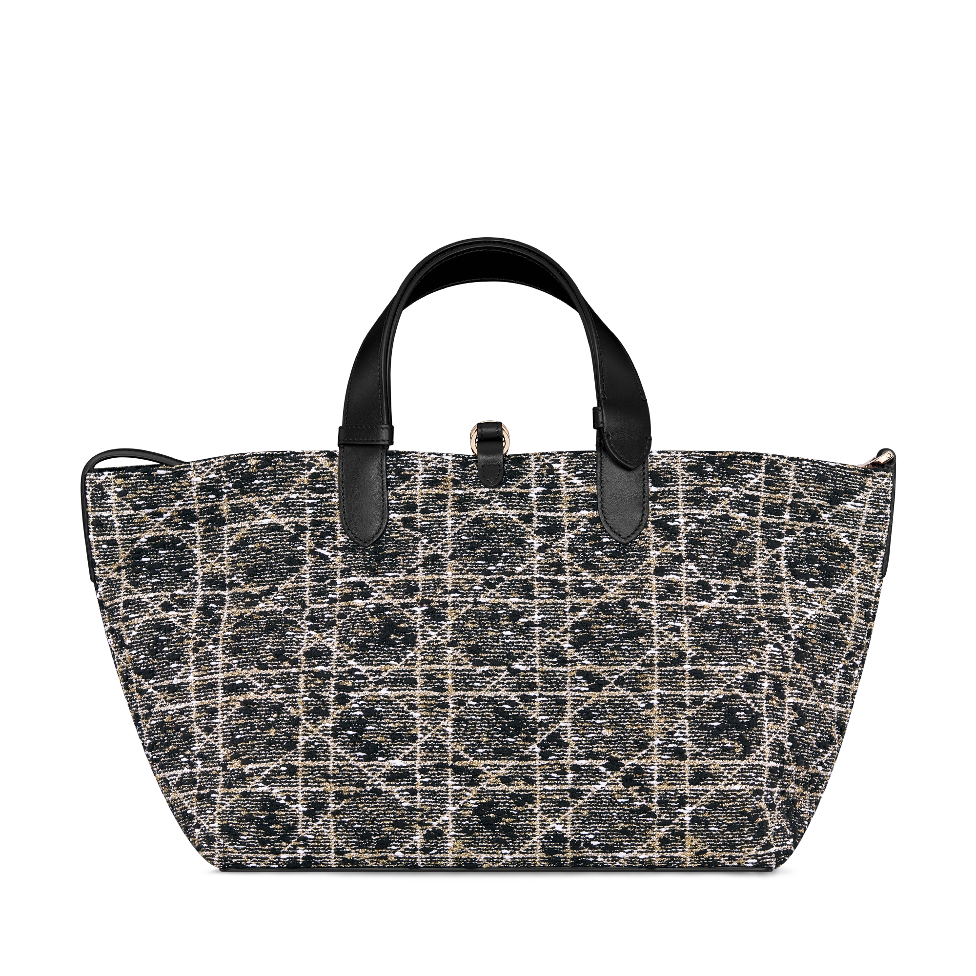 Mittelgroße Dior Toujours Tasche Tweed in Schwarz mit Cannage Motiv aus Metallfaden in Goldfarbe E08