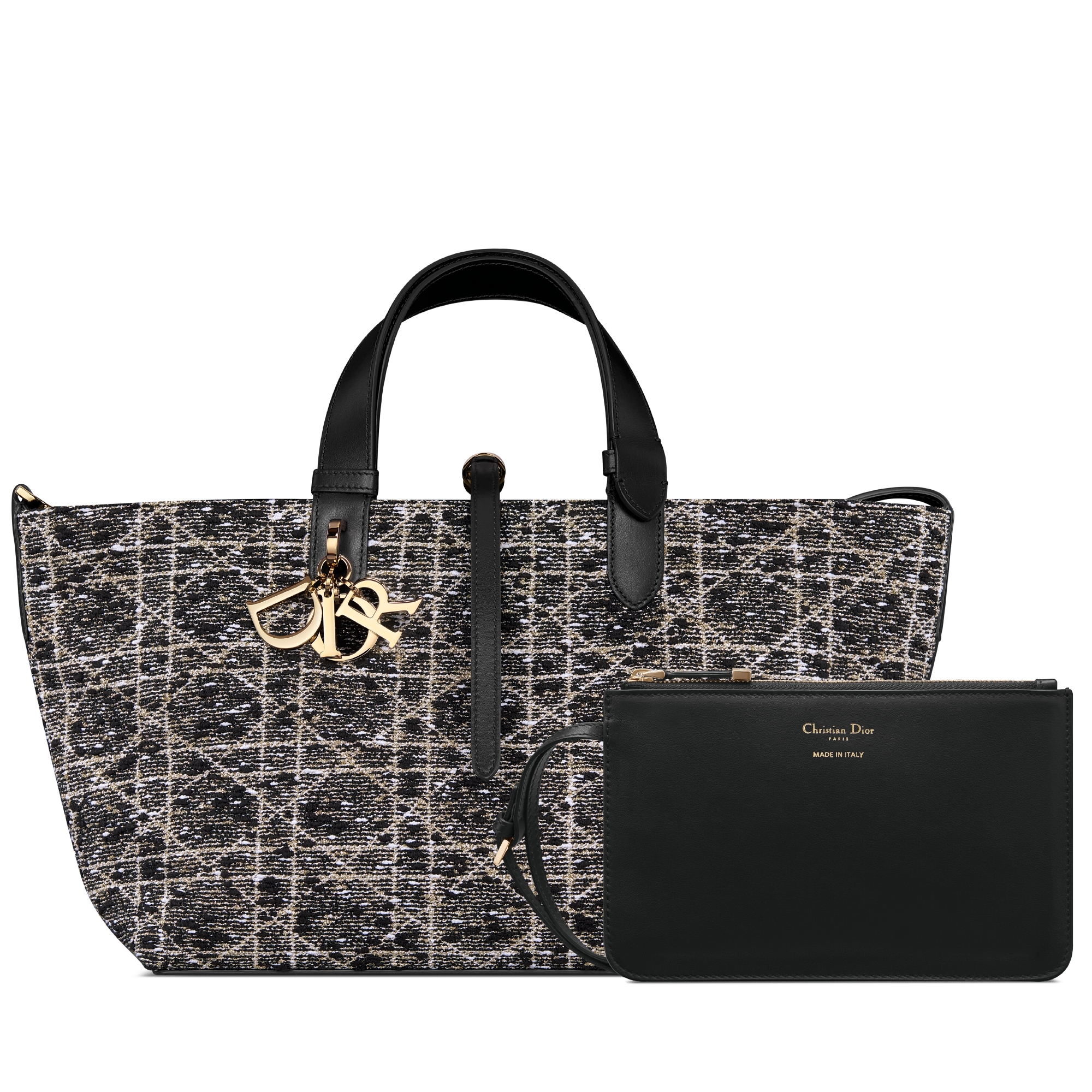 Mittelgroße Dior Toujours Tasche Tweed in Schwarz mit Cannage Motiv aus Metallfaden in Goldfarbe E10