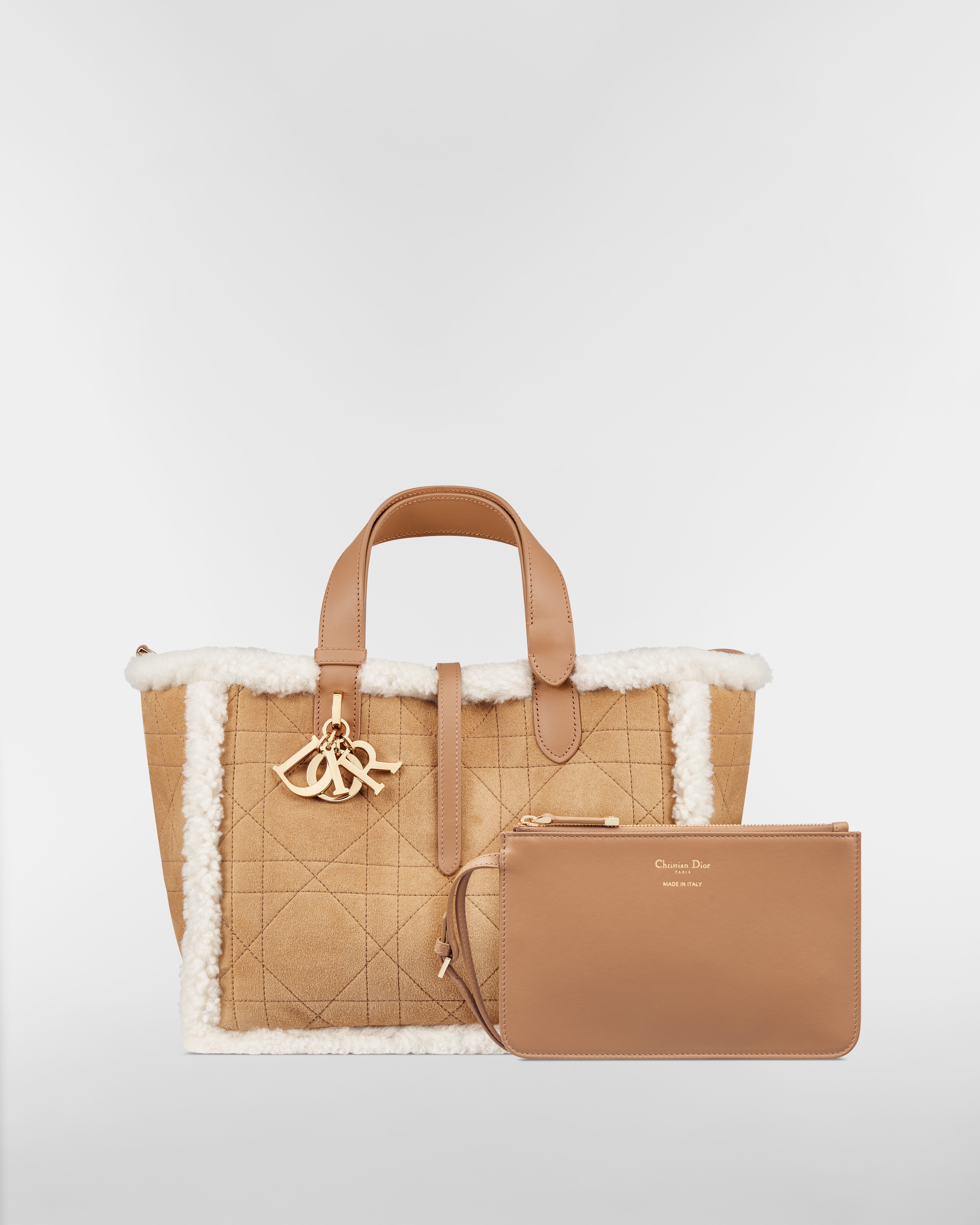 DiorAlps Medium Dior Toujours Bag Beige Macrocannage Suede Calfskin and Ecru Merino Wool E10