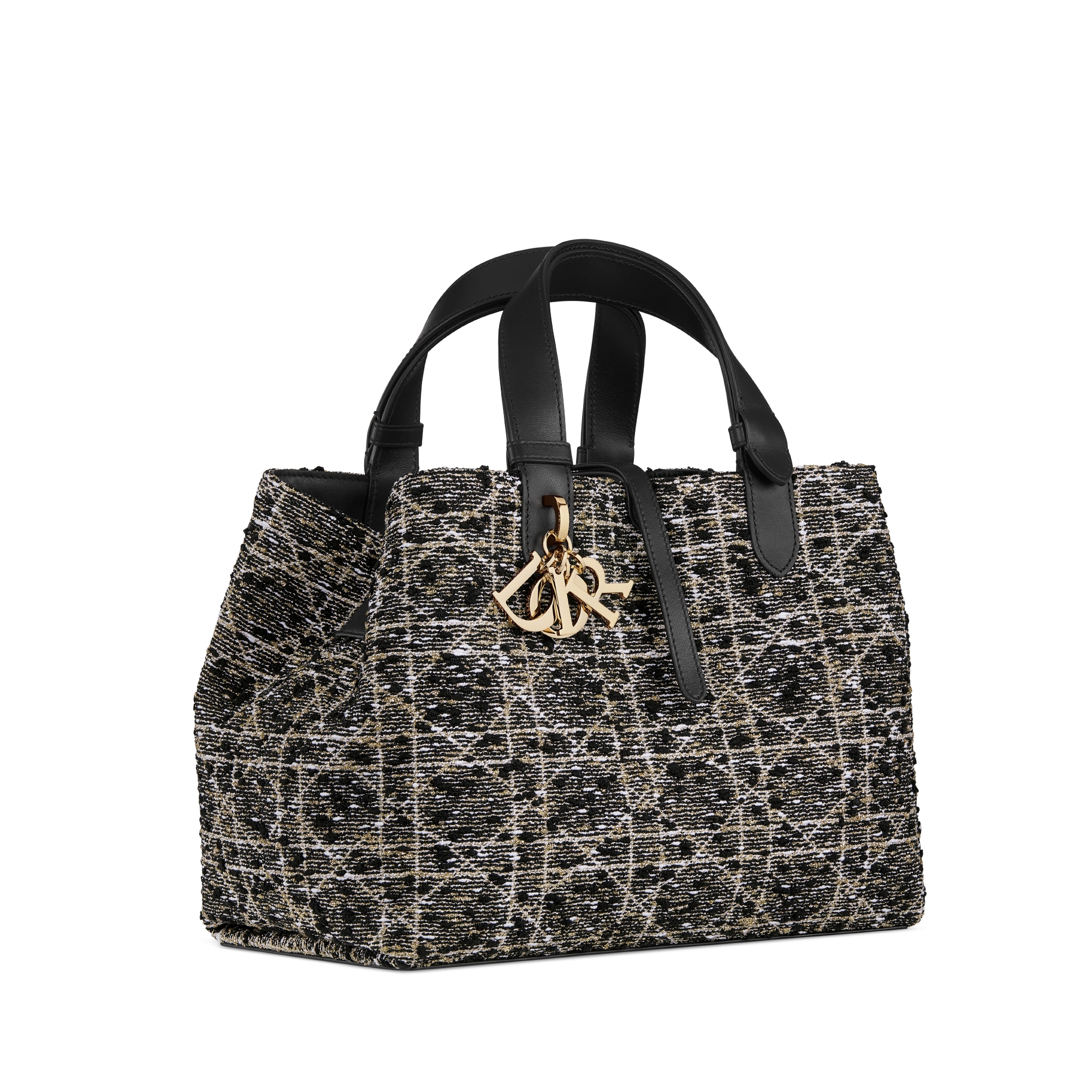 Mittelgroße Dior Toujours Tasche Tweed in Schwarz mit Cannage Motiv in Goldfarbe E03