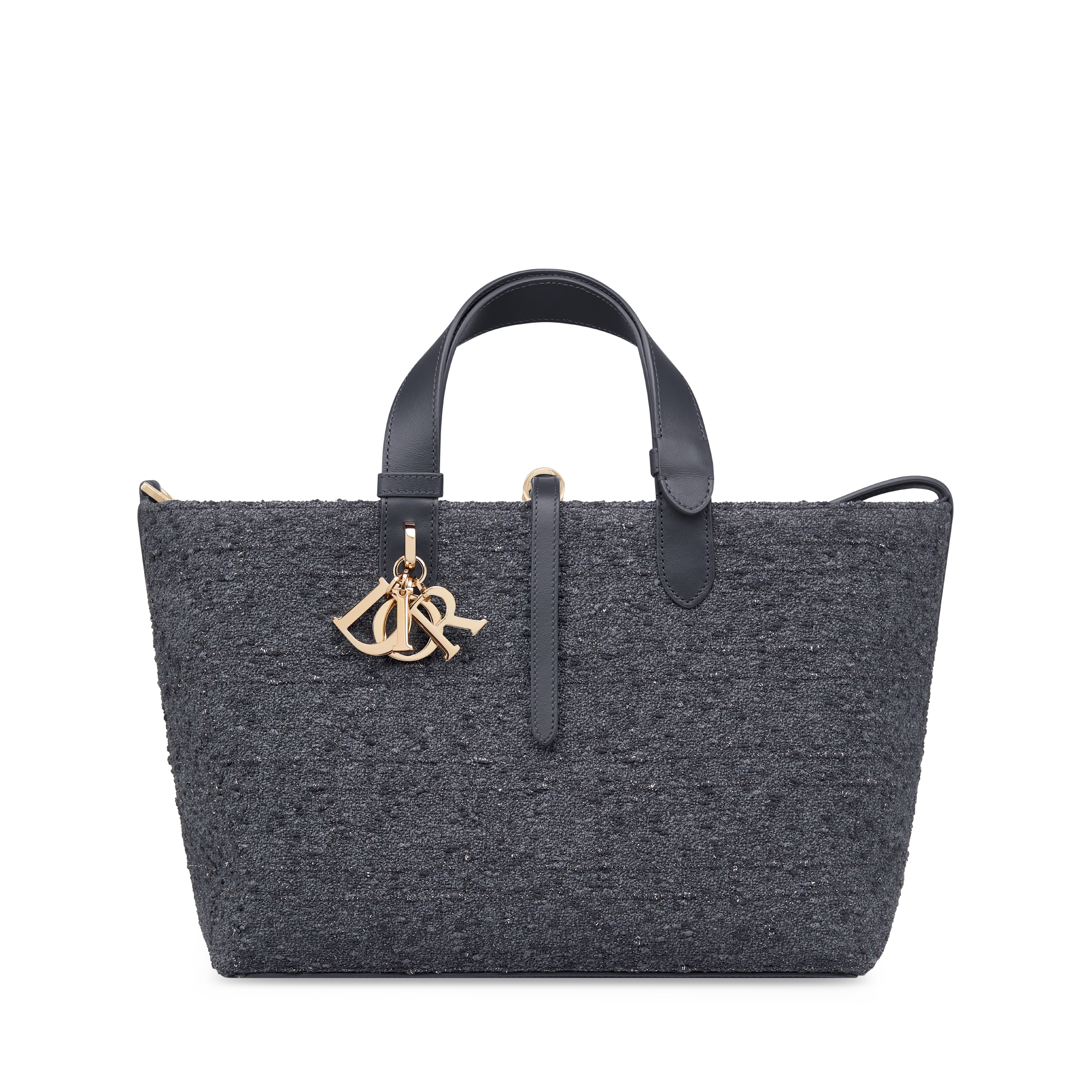 Bolso mediano Dior Toujours Tweed gris con motivo Cannage de hilo metalizado plateado E01