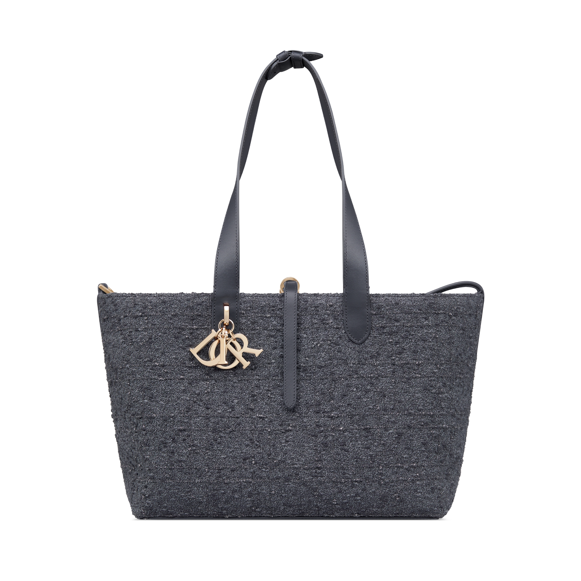 Bolso mediano Dior Toujours Tweed gris con motivo Cannage de hilo metalizado plateado E07