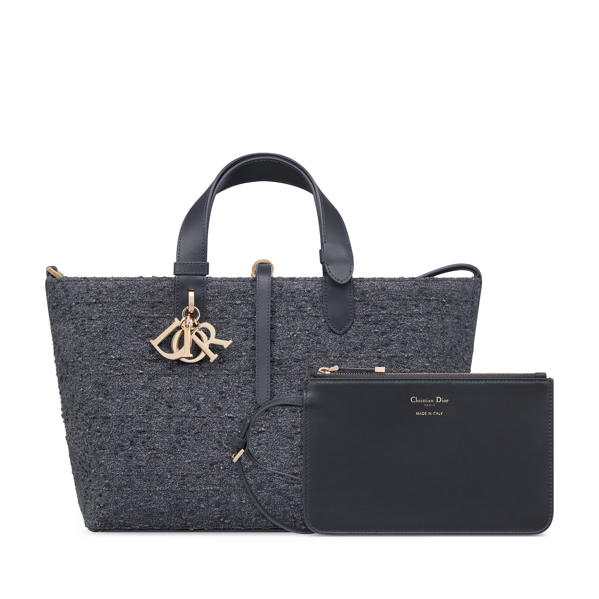 Bolso mediano Dior Toujours Tweed gris con motivo Cannage de hilo metalizado plateado E10