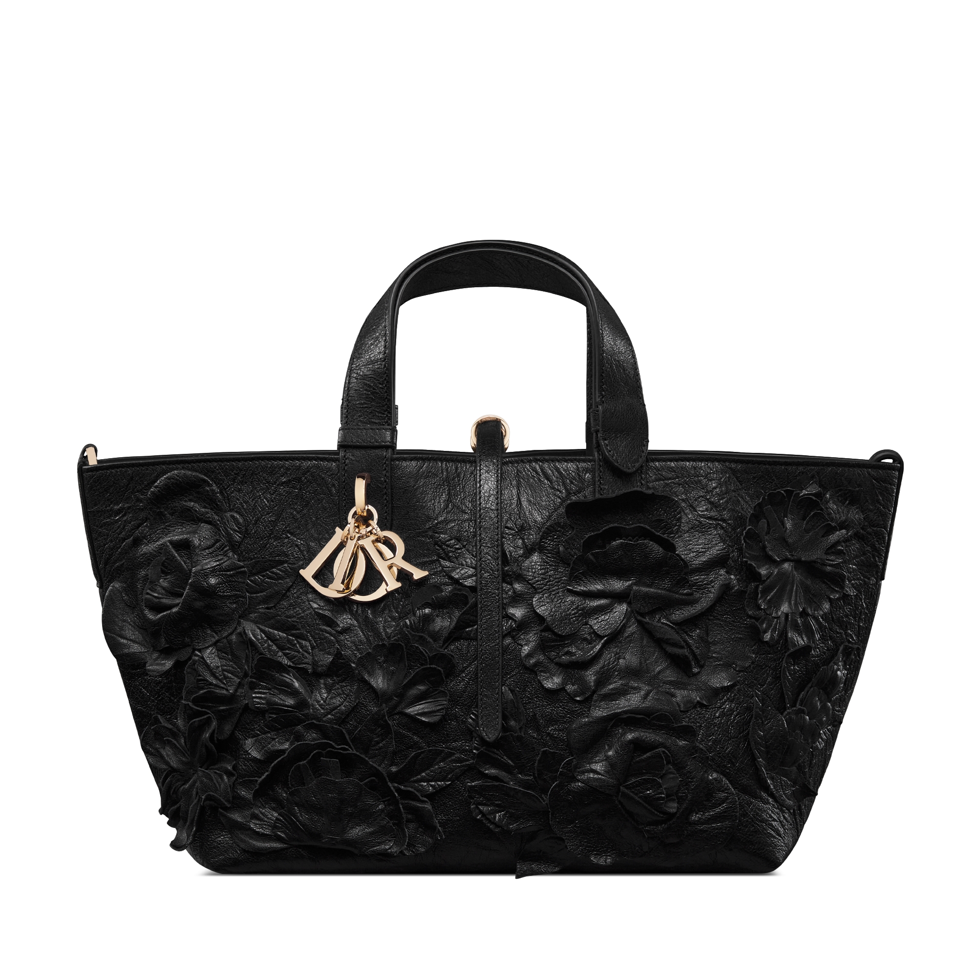 Medium Dior Toujours Bag Black Crinkled Buffalo Leather Embroidered with Three-Dimensional Flowers E01
