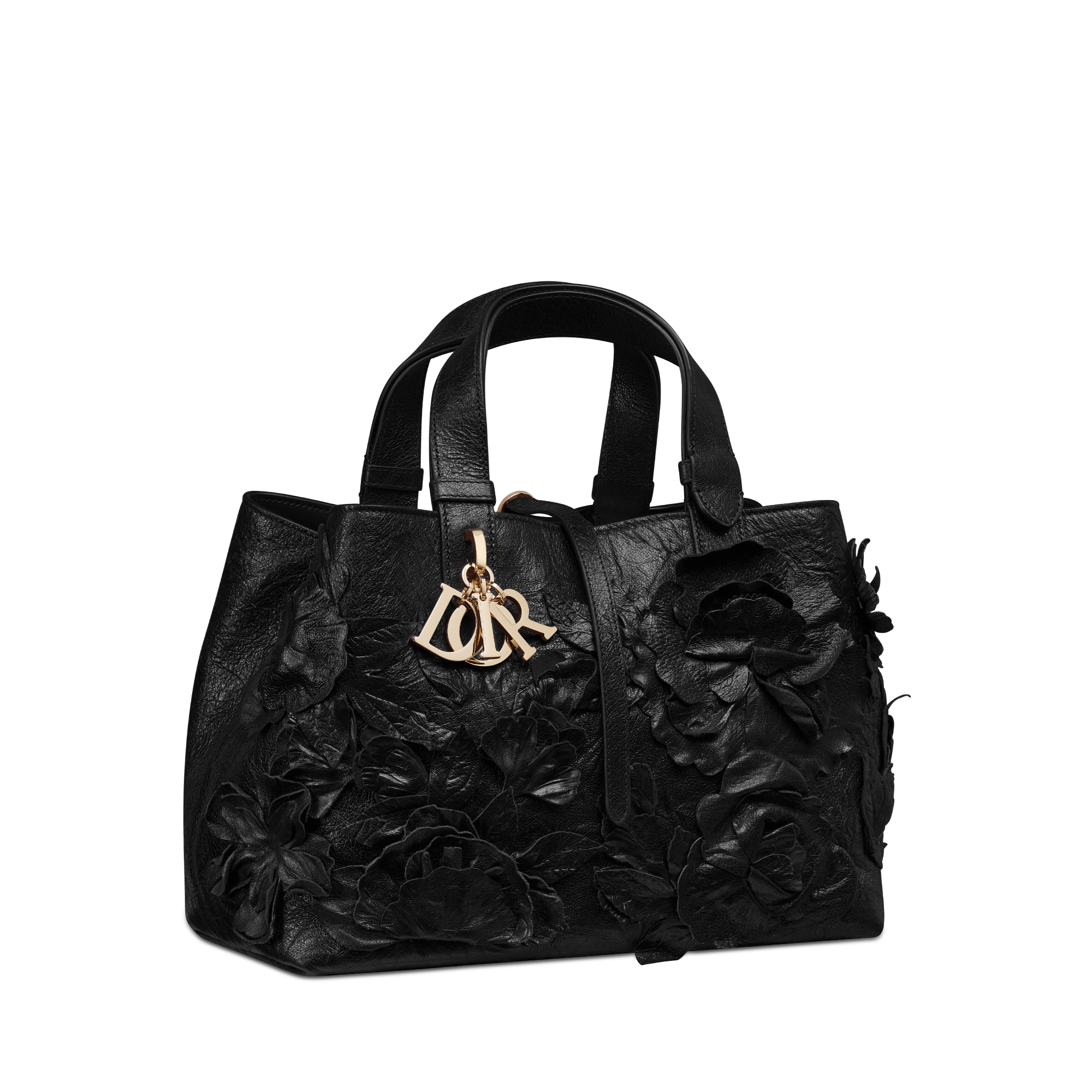 Medium Dior Toujours Bag Black Crinkled Buffalo Leather Embroidered with Three-Dimensional Flowers E03