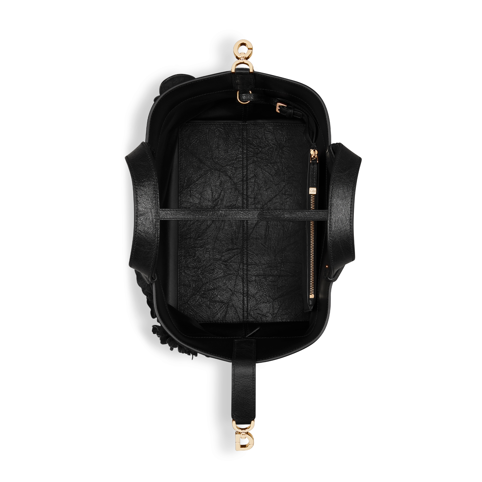 Medium Dior Toujours Bag Black Crinkled Buffalo Leather Embroidered with Three-Dimensional Flowers E06