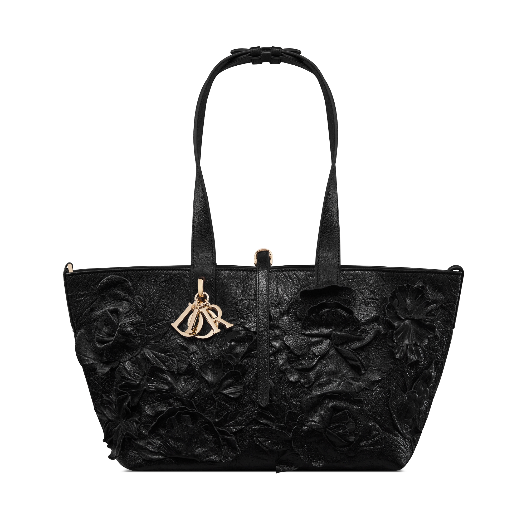 Medium Dior Toujours Bag Black Crinkled Buffalo Leather Embroidered with Three-Dimensional Flowers E07