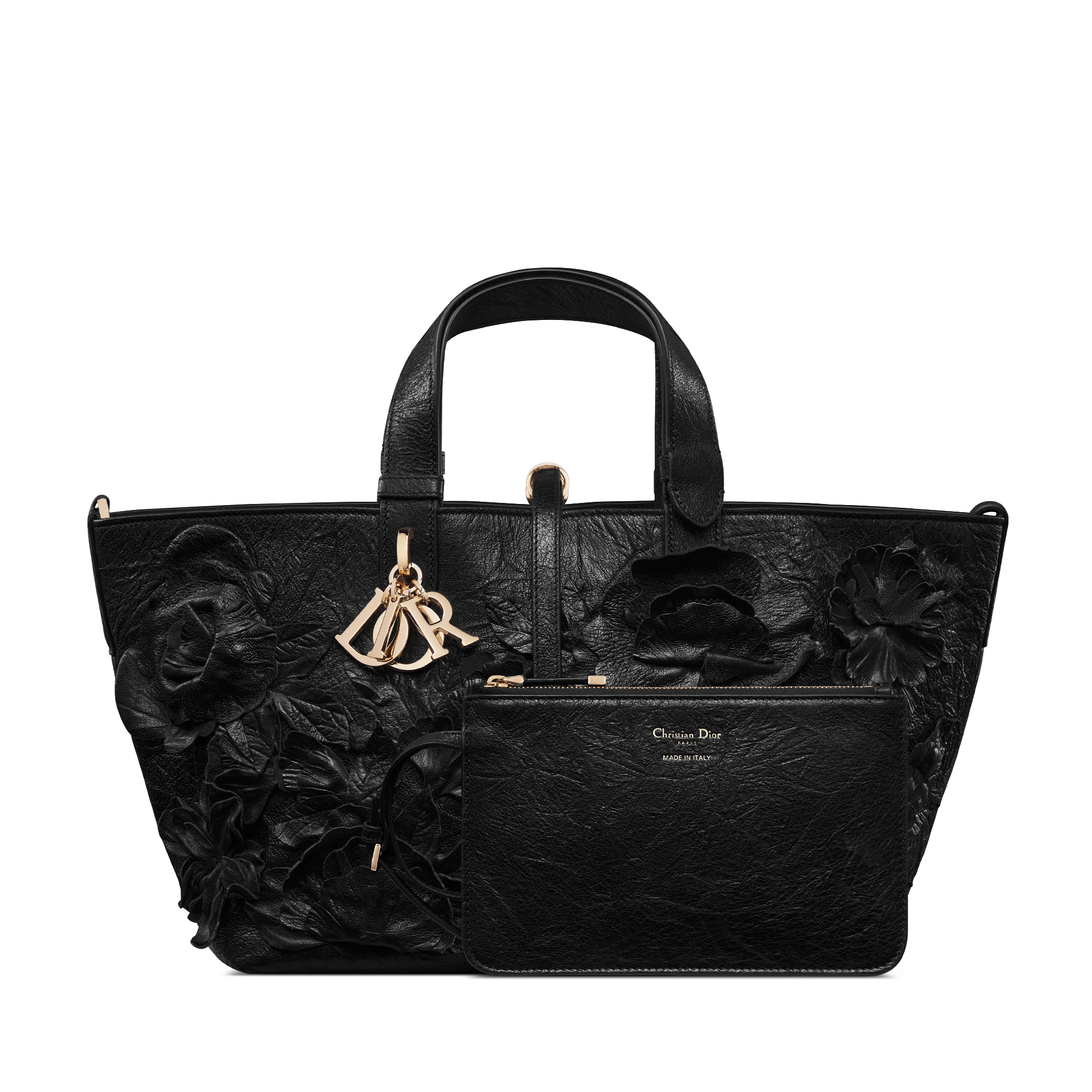 Medium Dior Toujours Bag Black Crinkled Buffalo Leather Embroidered with Three-Dimensional Flowers E10