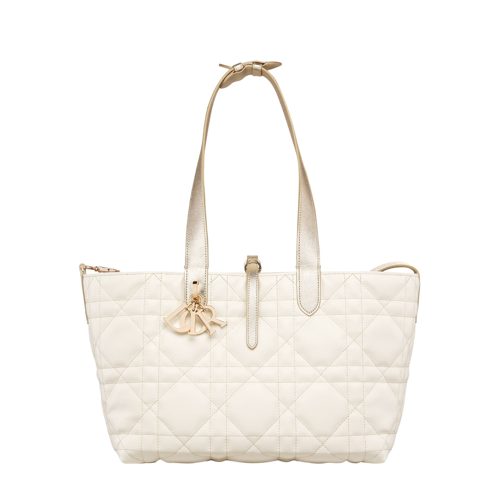 Medium Dior Toujours Bag Two-Tone Gold and White Macrocannage Calfskin with Metallic Thread E07