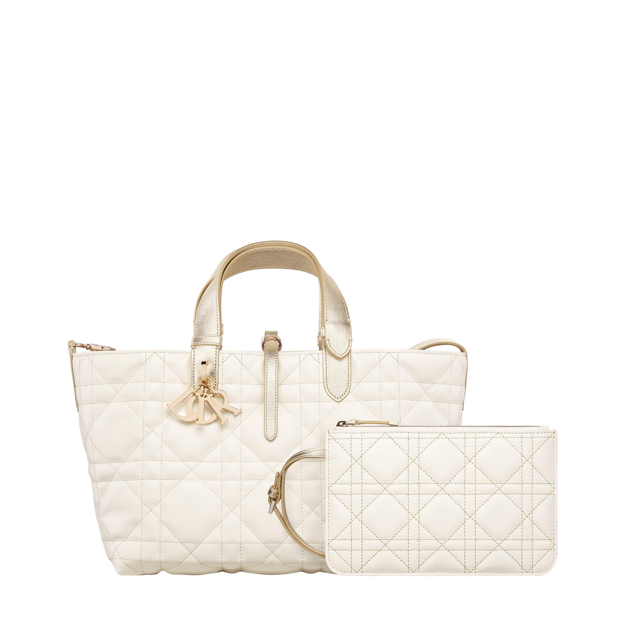 Medium Dior Toujours Bag Two-Tone Gold and White Macrocannage Calfskin with Metallic Thread E10