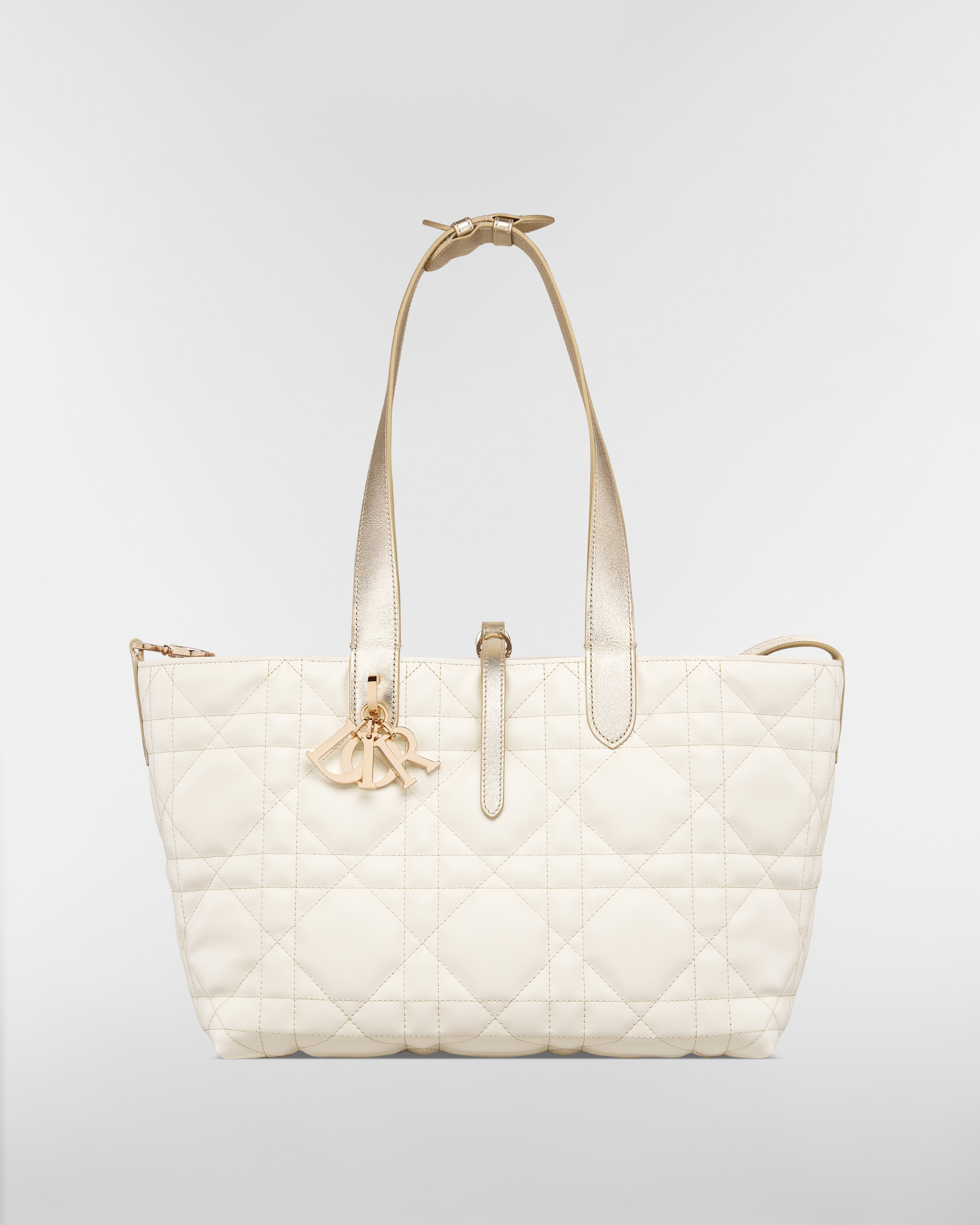 Bolsa Dior Toujours média Couro de vitelo Macrocannage dourado e branco com fio metálico E07