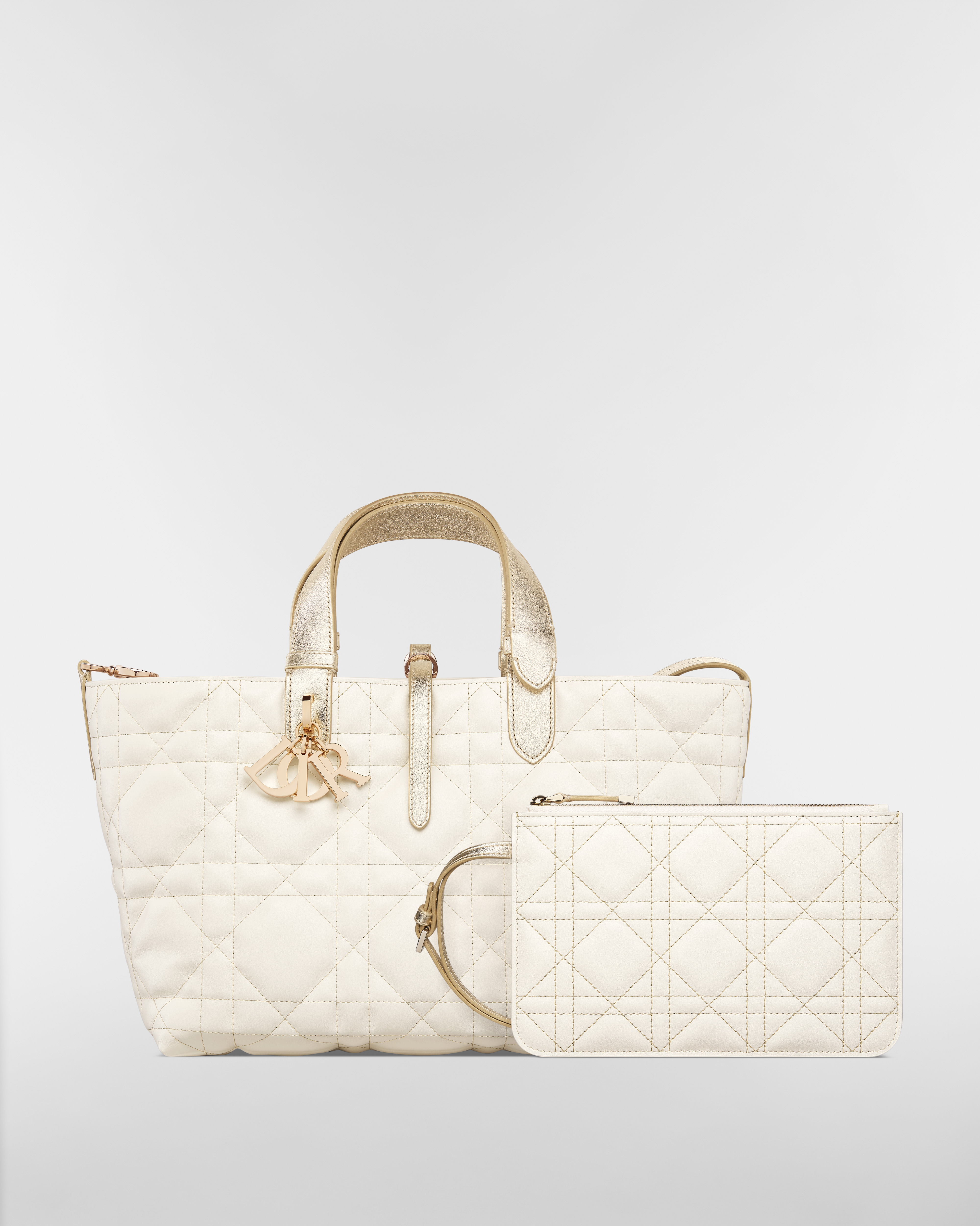 Medium Dior Toujours Bag Two-Tone Gold and White Macrocannage Calfskin with Metallic Thread E10