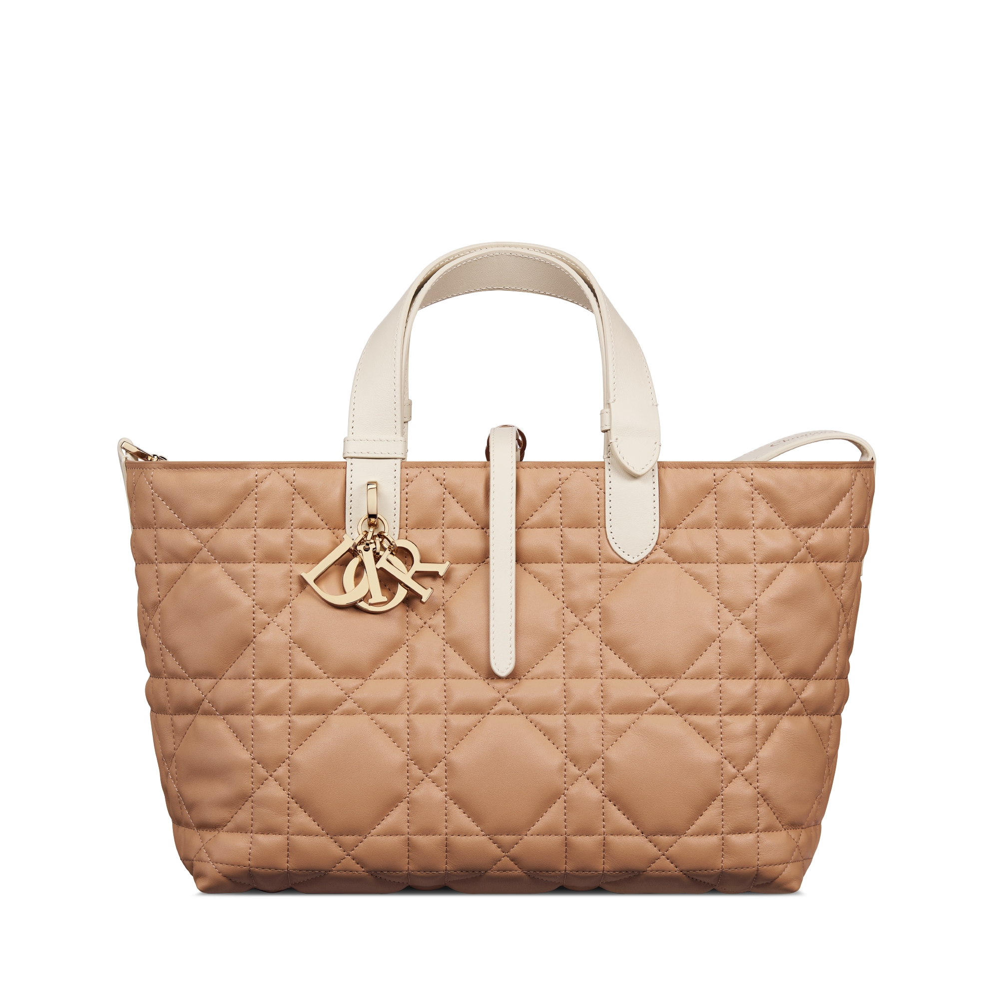 Middelgrote Dior Toujours-tas Biscuit en trenchcoat-beige kalfsleer met Macrocannage-motief E01