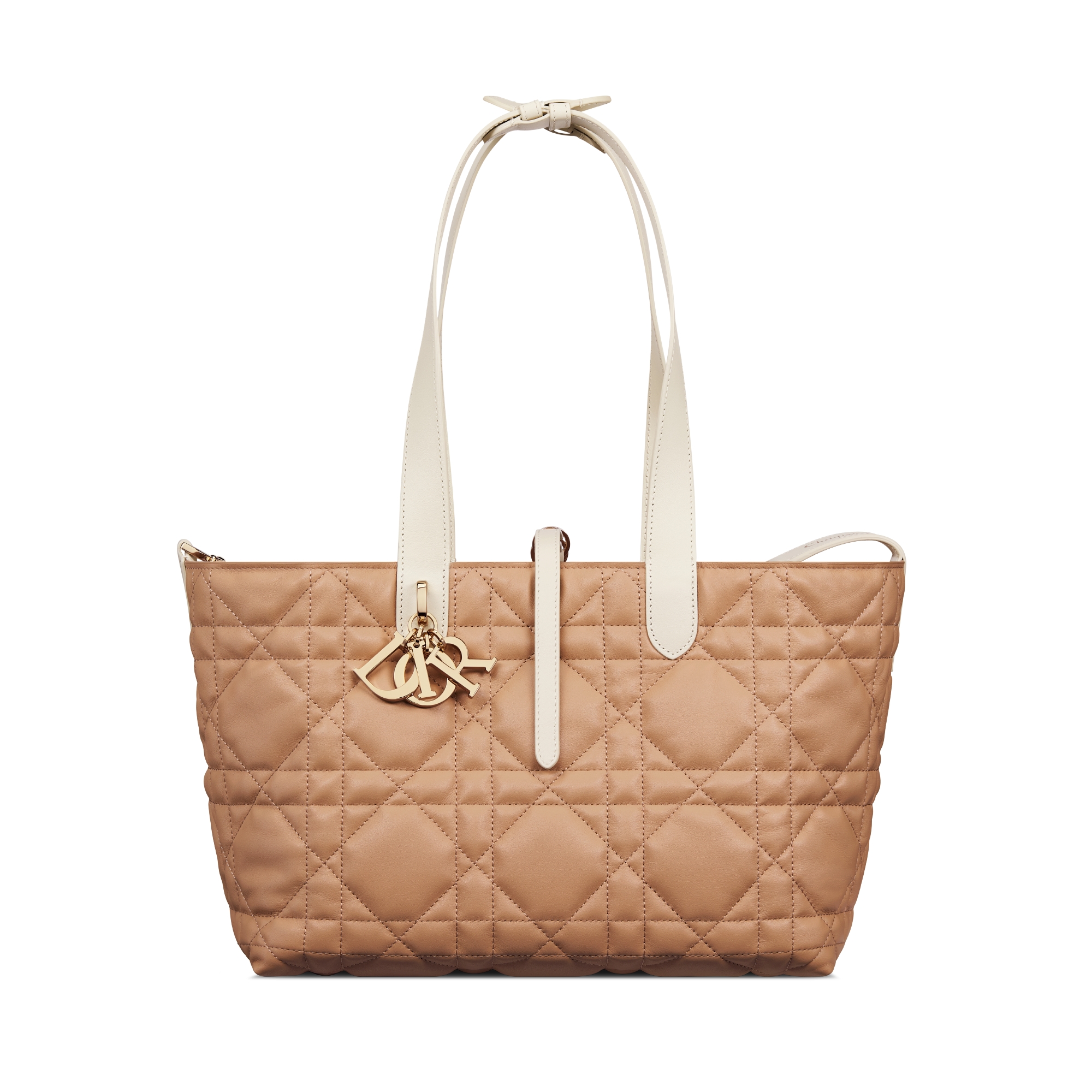 Middelgrote Dior Toujours-tas Biscuit en trenchcoat-beige kalfsleer met Macrocannage-motief E07