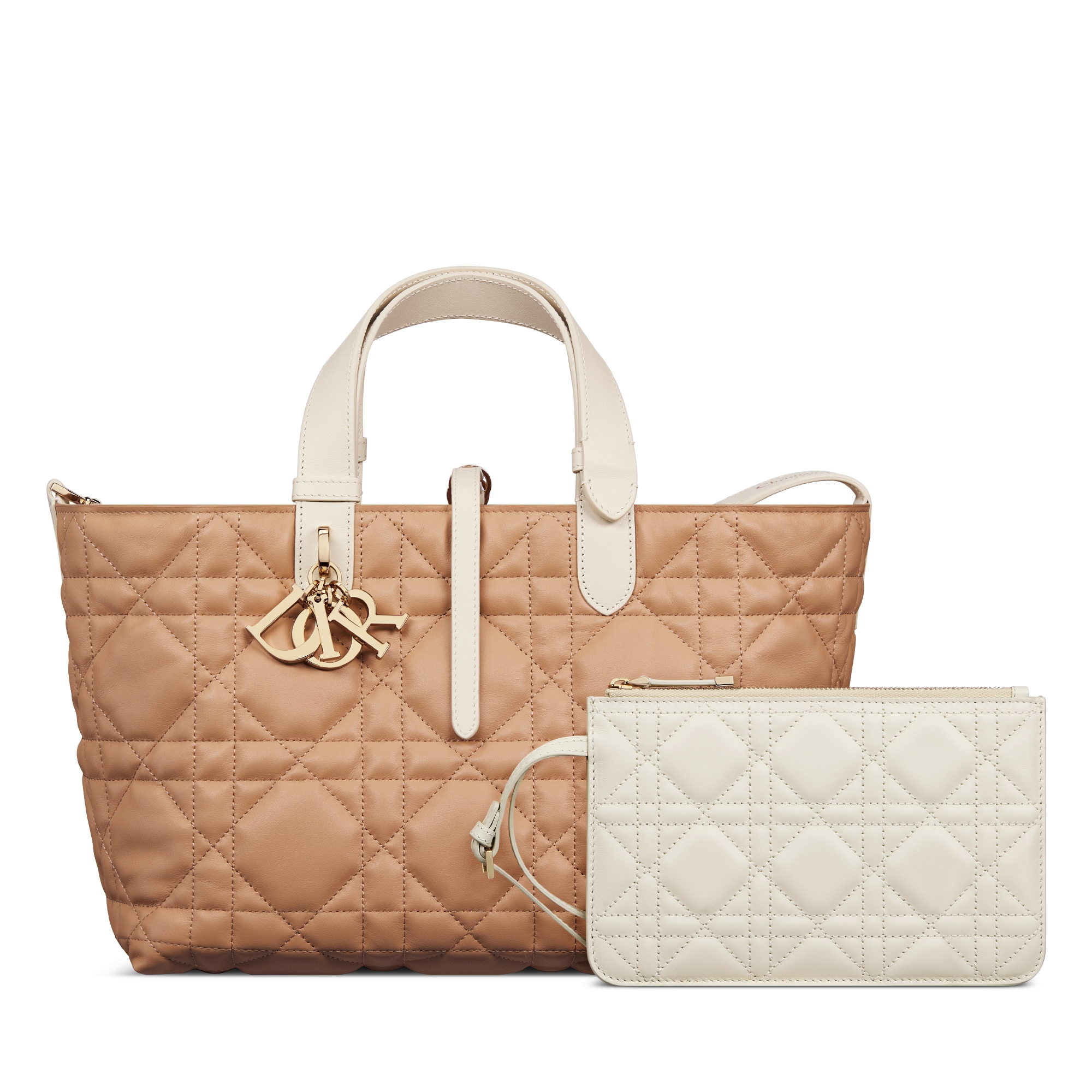 Middelgrote Dior Toujours-tas Biscuit en trenchcoat-beige kalfsleer met Macrocannage-motief E10