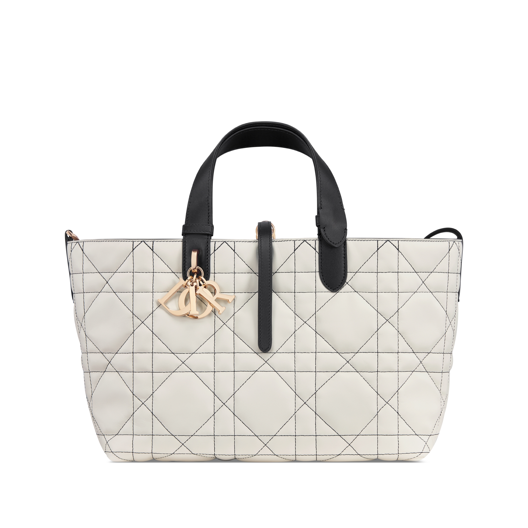 Medium Dior Toujours Bag White Macrocannage Calfskin with Contrasting Black Topstitching E01