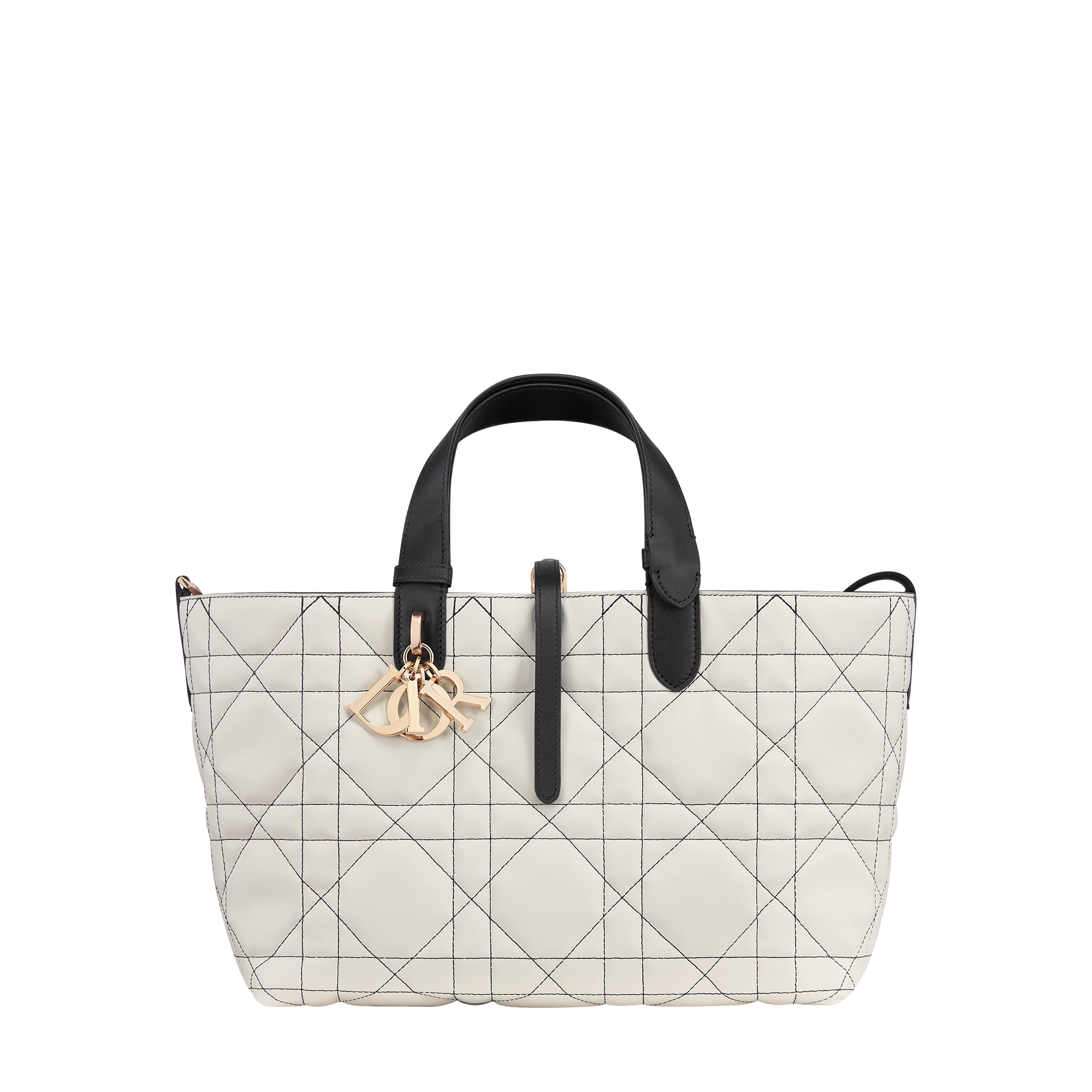 Medium Dior Toujours Bag White Macrocannage Calfskin with Contrasting Black Topstitching E01