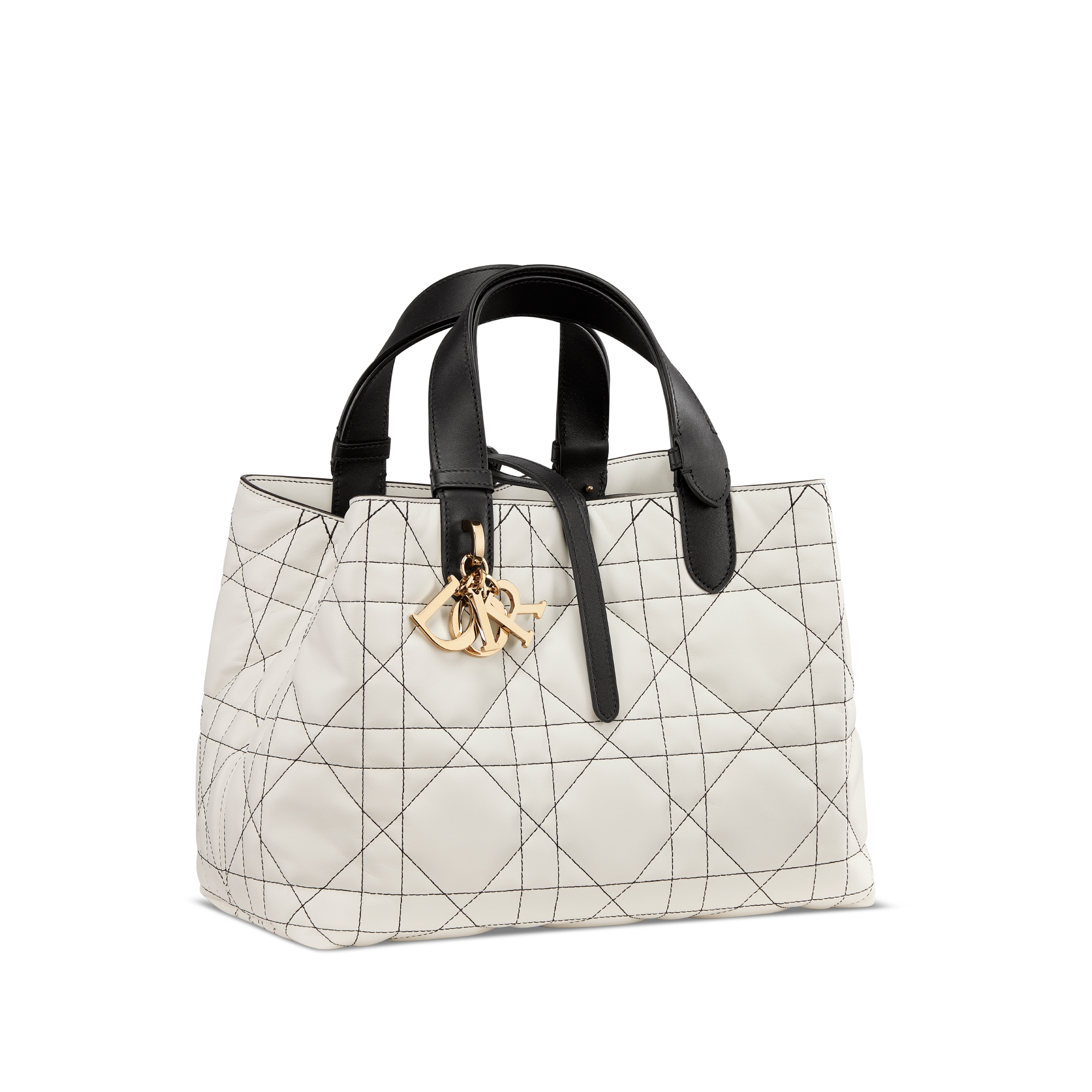 Medium Dior Toujours Bag White Macrocannage Calfskin with Contrasting Black Topstitching E03
