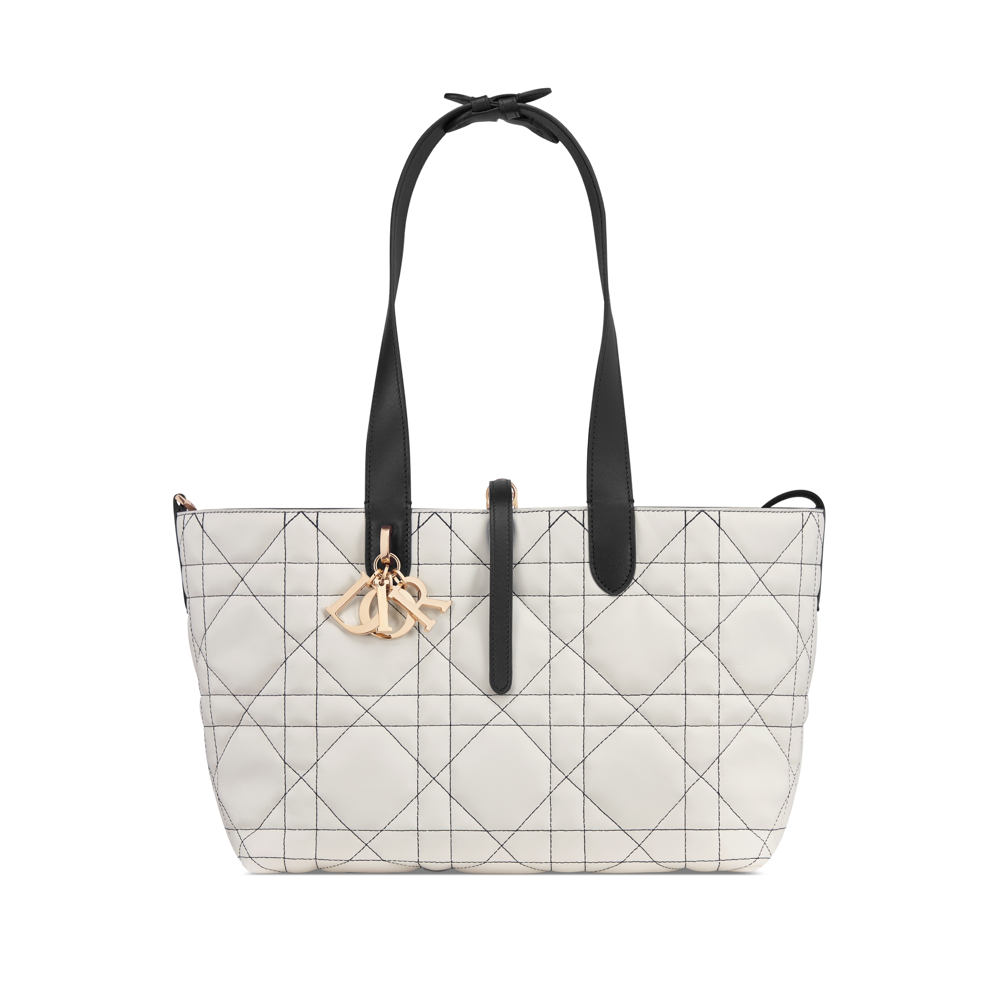 Medium Dior Toujours Bag White Macrocannage Calfskin with Contrasting Black Topstitching E07