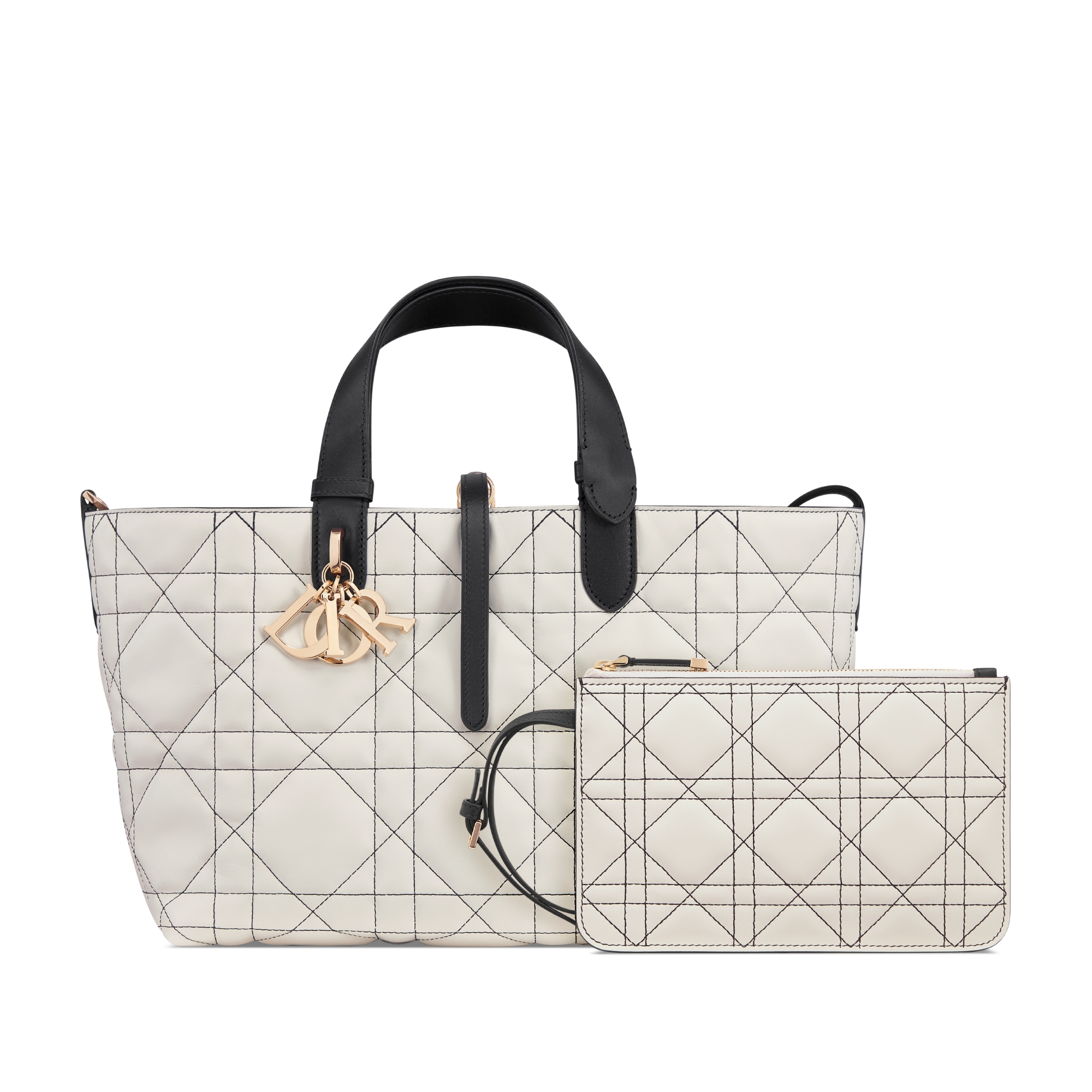 Medium Dior Toujours Bag White Macrocannage Calfskin with Contrasting Black Topstitching E10