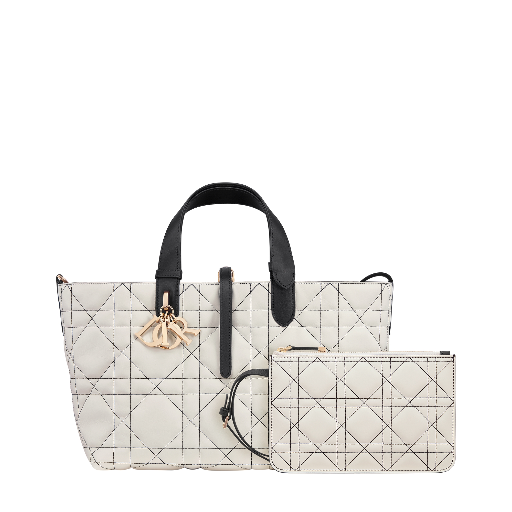 Medium Dior Toujours Bag White Macrocannage Calfskin with Contrasting Black Topstitching E10