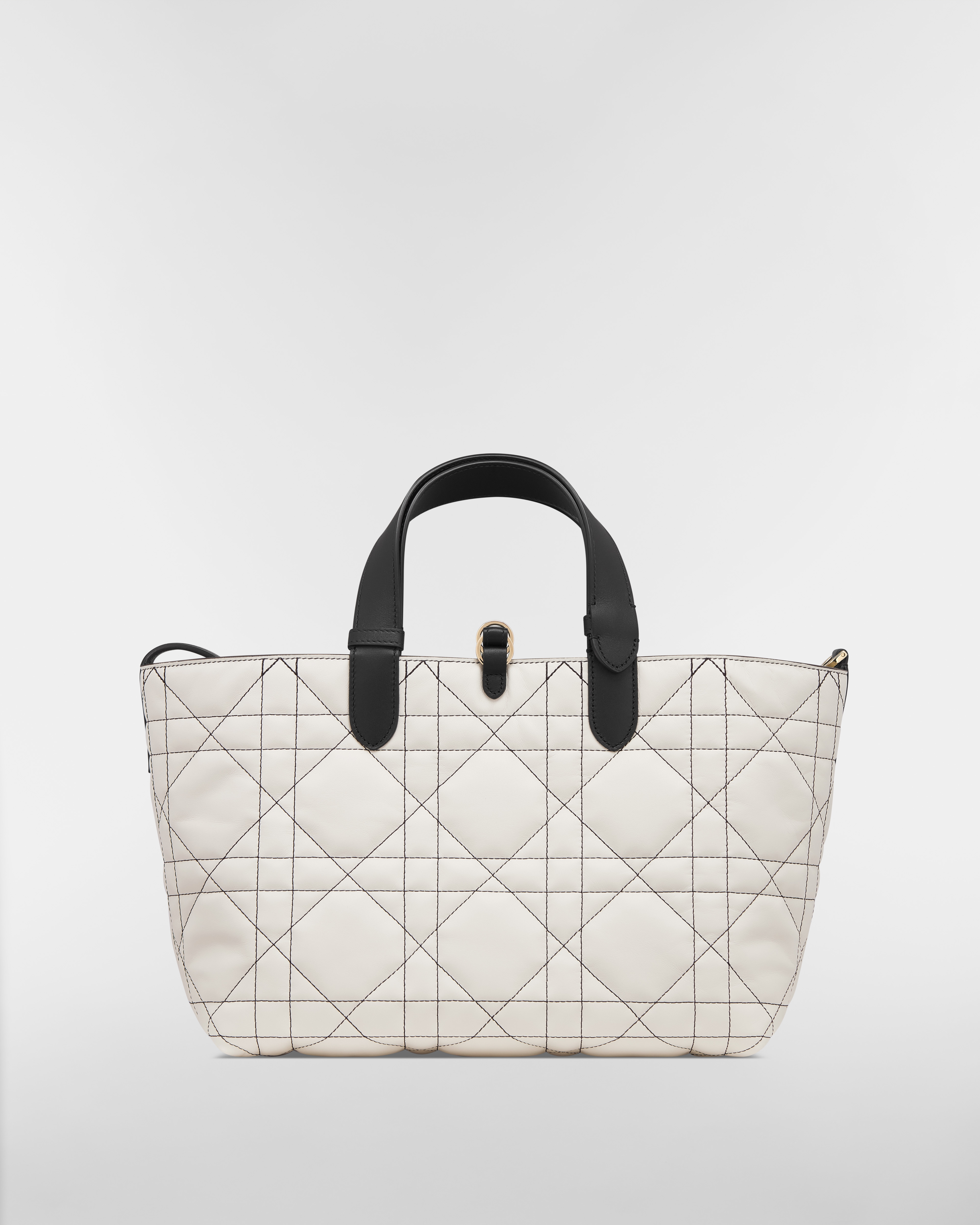 Medium Dior Toujours Bag White Macrocannage Calfskin with Contrasting Black Topstitching E08