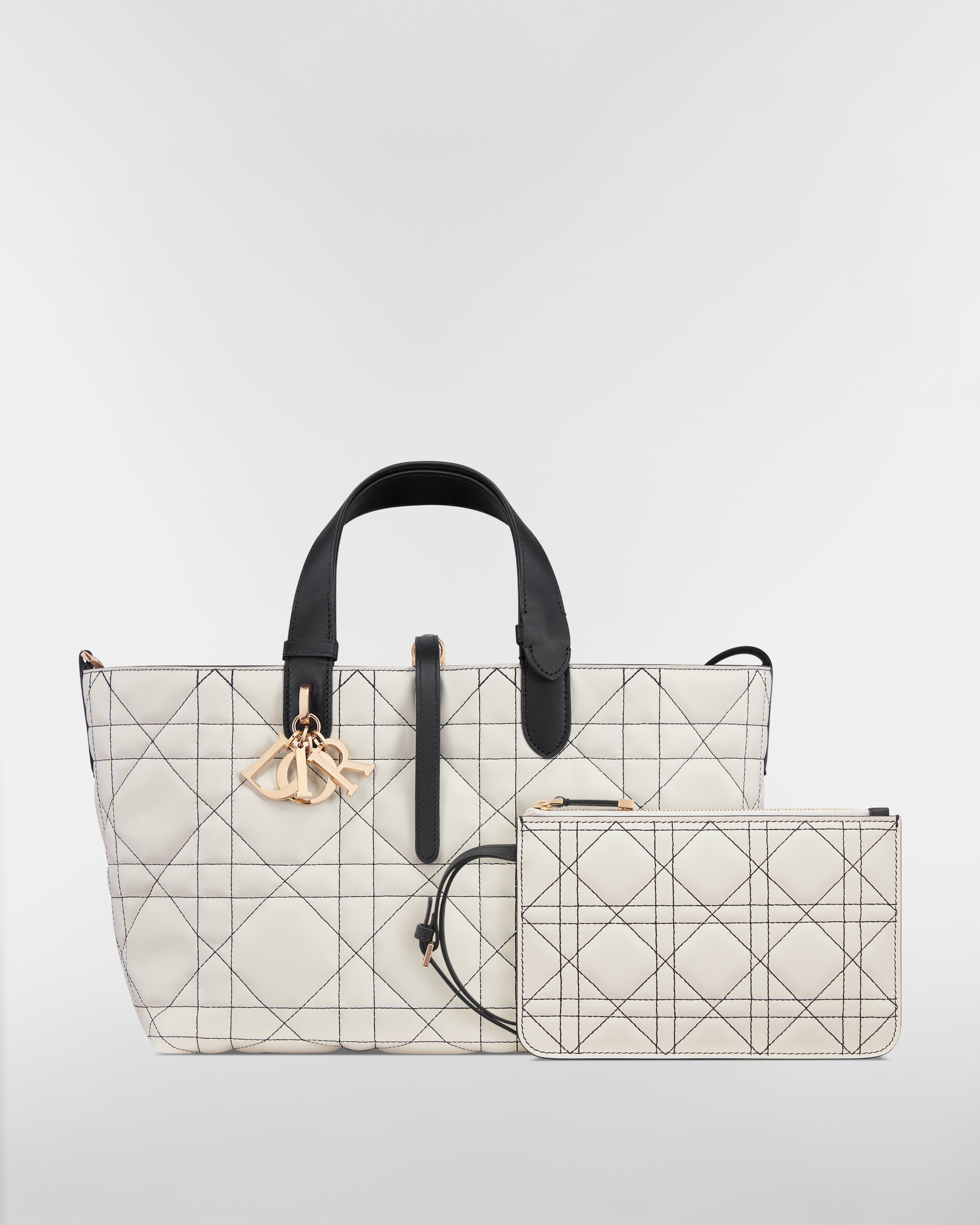 Medium Dior Toujours Bag White Macrocannage Calfskin with Contrasting Black Topstitching E10