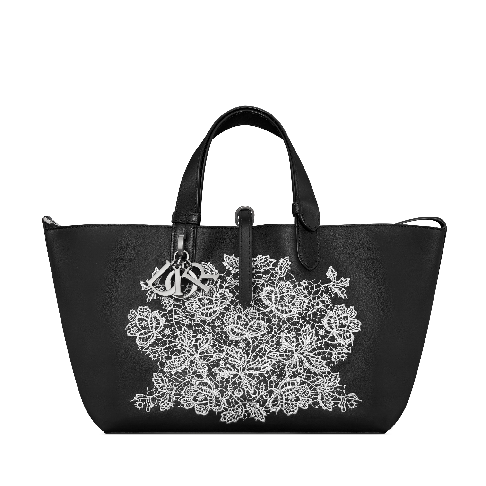 Dior Toujours 미디엄 백 블랙 송아지 가죽 & 화이트 로즈 자수 E01