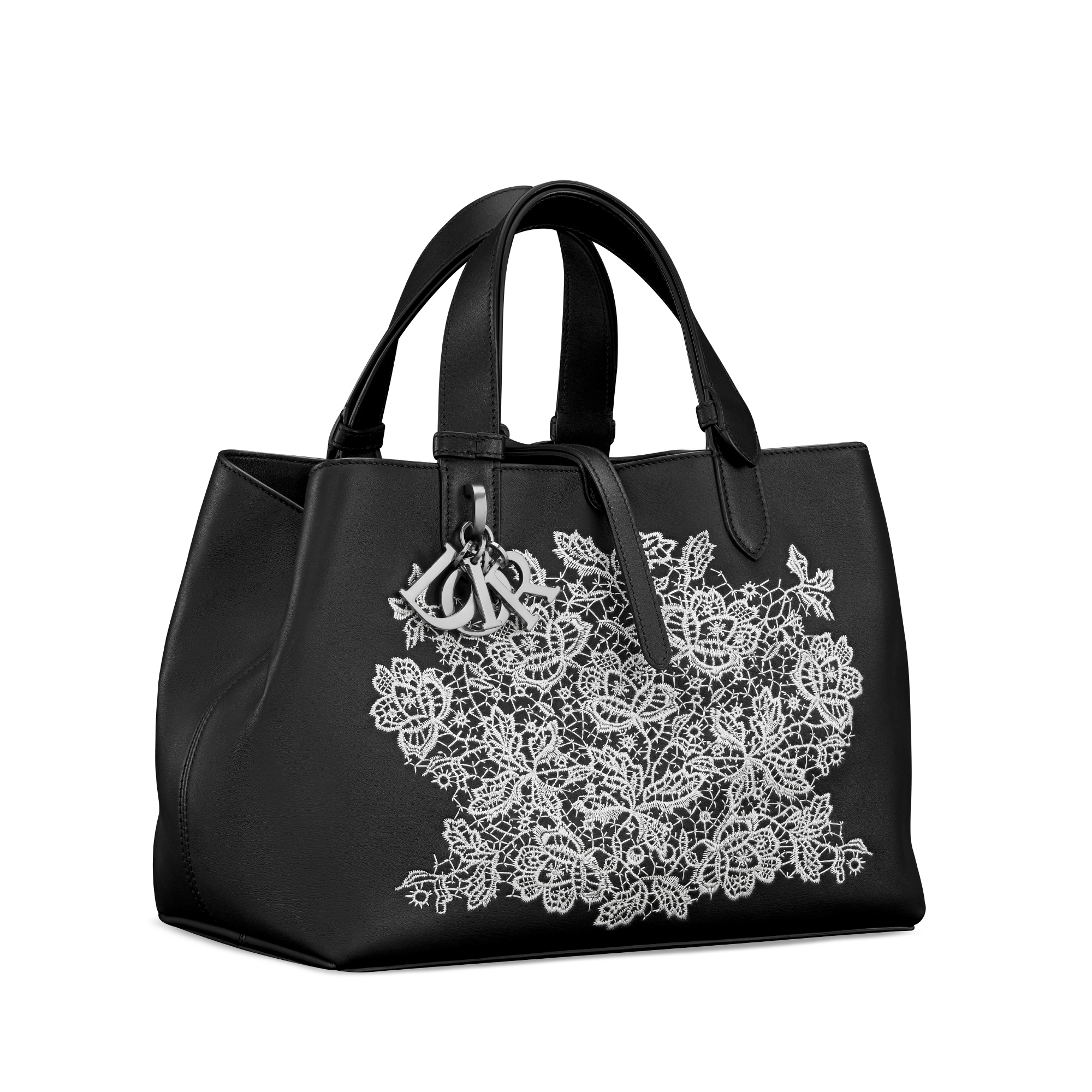 Medium Dior Toujours Bag Black Calfskin Embroidered with White Roses E03