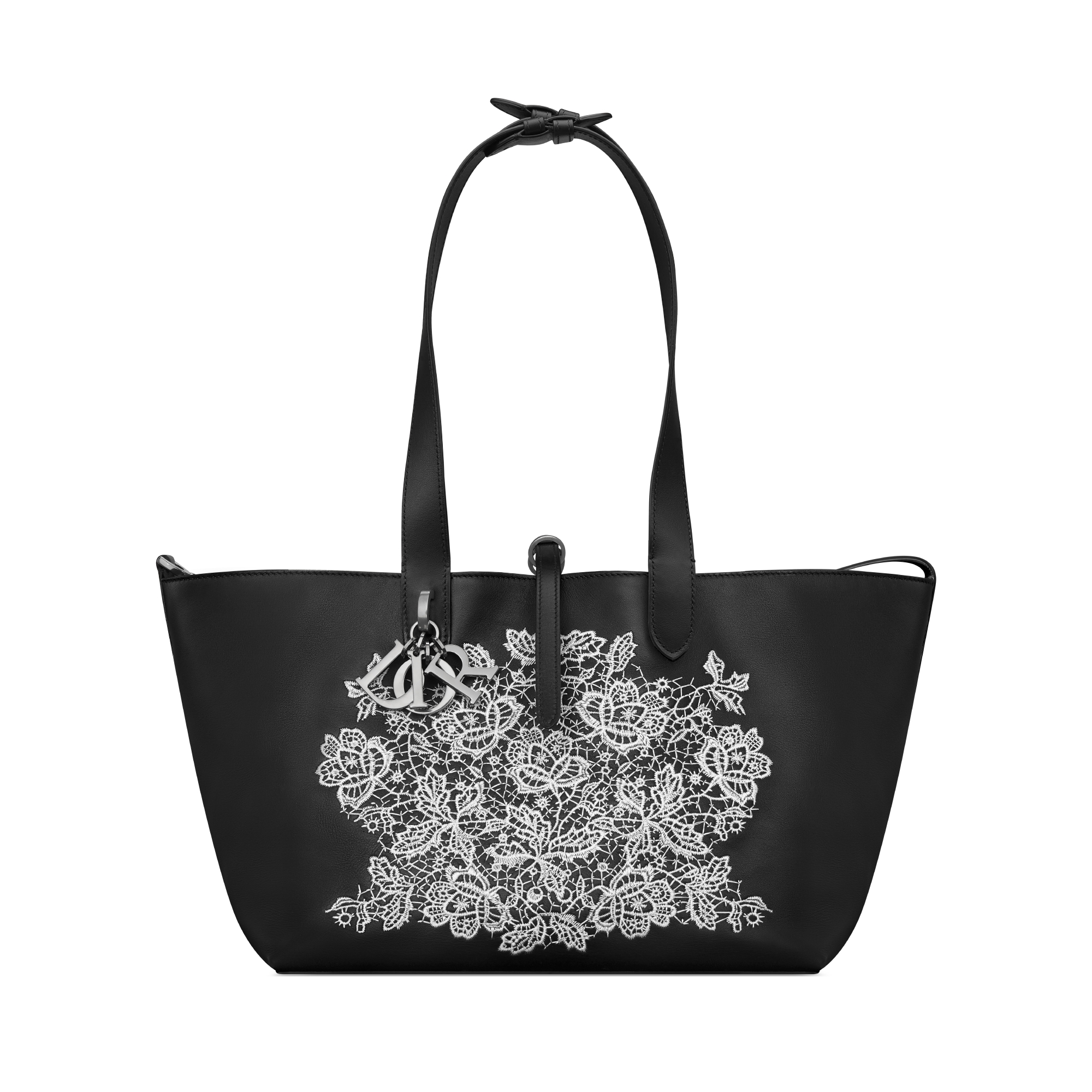 Dior Toujours 미디엄 백 블랙 송아지 가죽 & 화이트 로즈 자수 E07