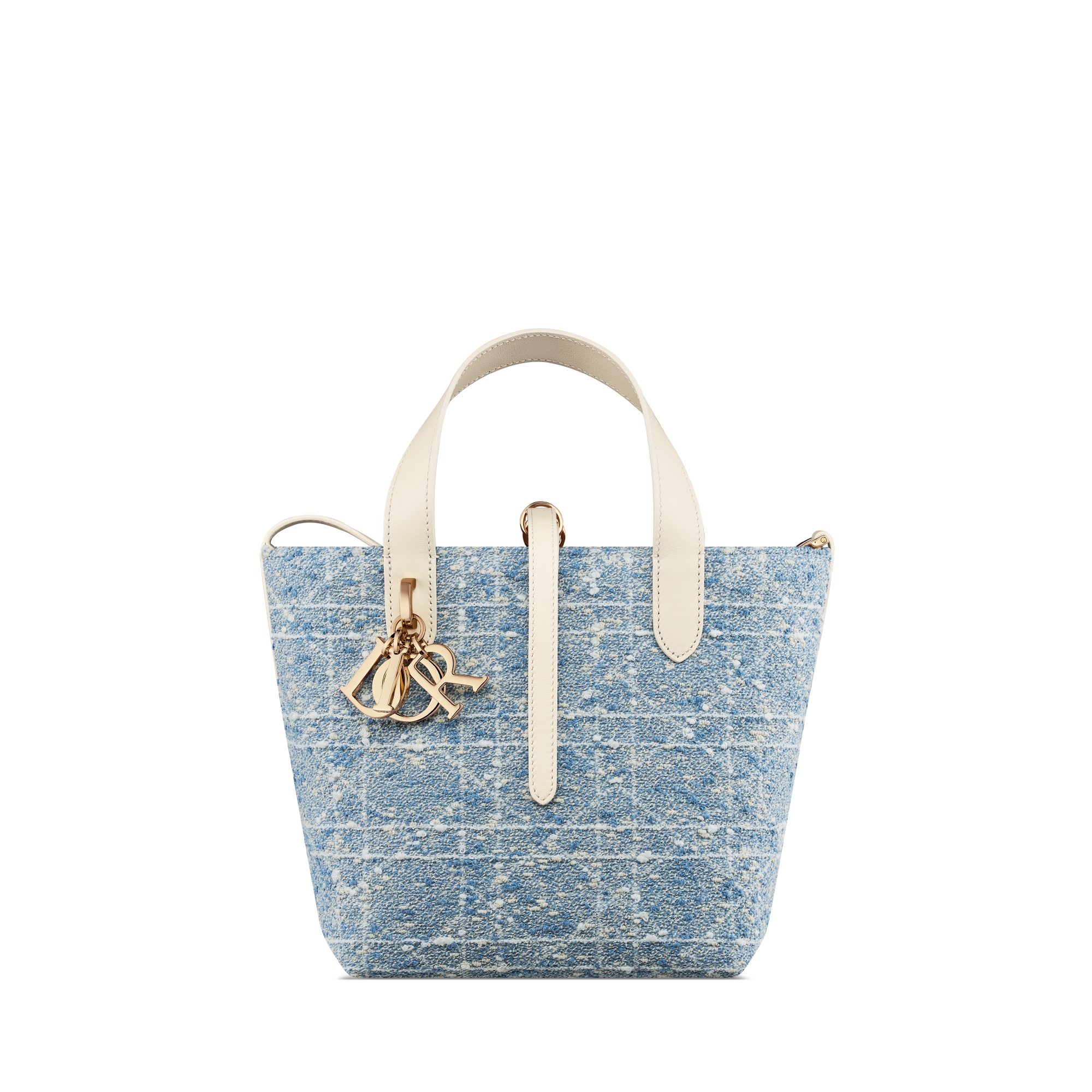 小碼 Dior Toujours 直向手挽袋 天藍色斜紋軟呢配白色 Cannage 藤格紋圖案和米色小牛皮 E01