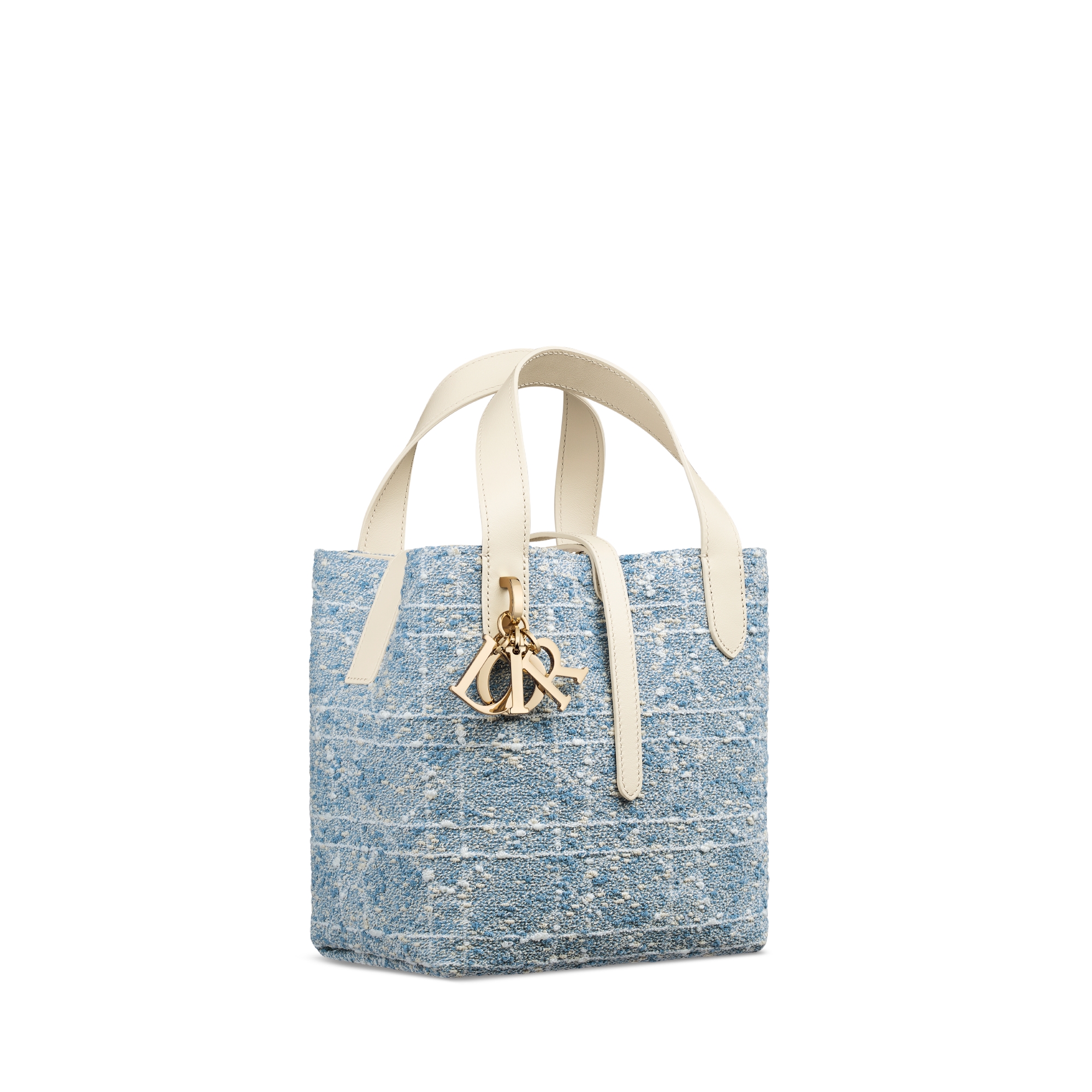 Small Dior Toujours Vertical Tote Bag Celestial Blue Tweed with White Cannage Motif and Beige Calfskin E03