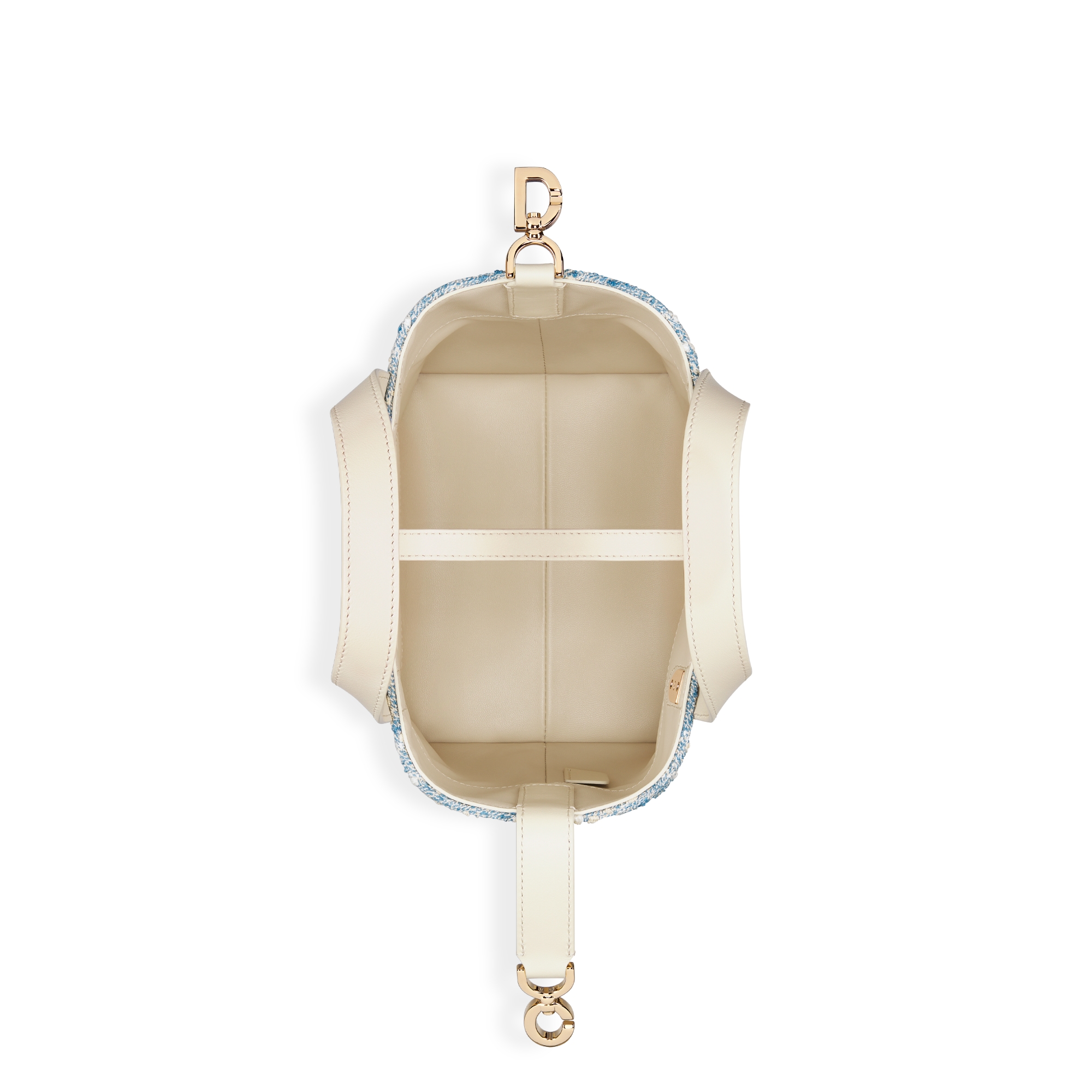 Bolsa tote vertical Dior Toujours pequena Tweed azul-celeste com motivo Cannage branco e couro de vitelo bege E06