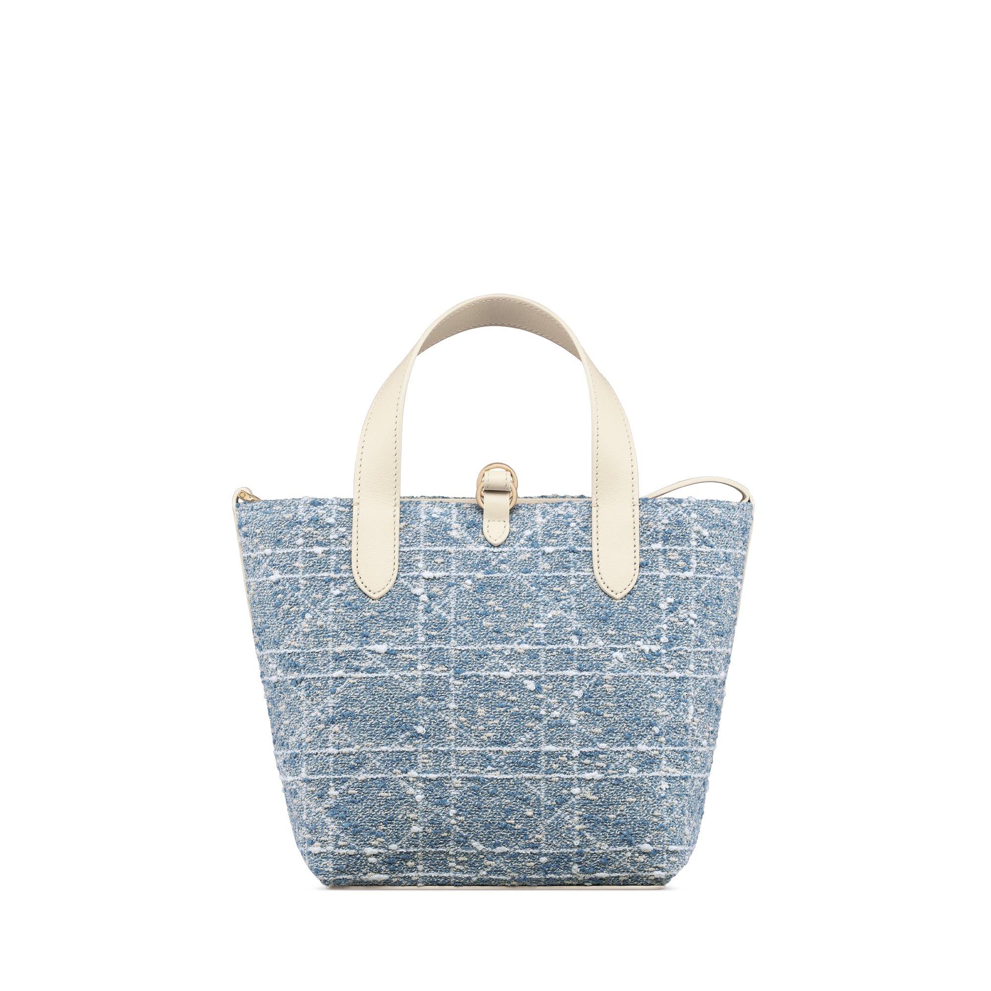 小碼 Dior Toujours 直向手挽袋 天藍色斜紋軟呢配白色 Cannage 藤格紋圖案和米色小牛皮 E08