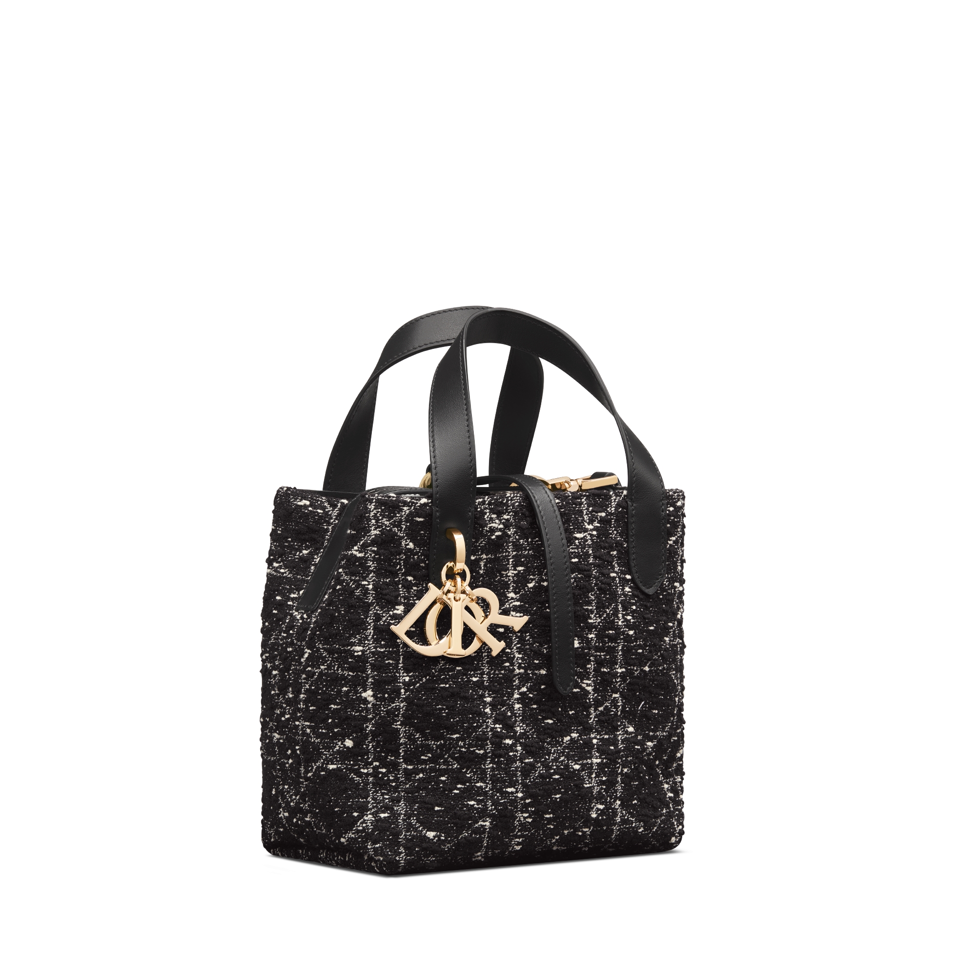 Small Dior Toujours Vertical Tote Bag Black Tweed with White Cannage Motif E03