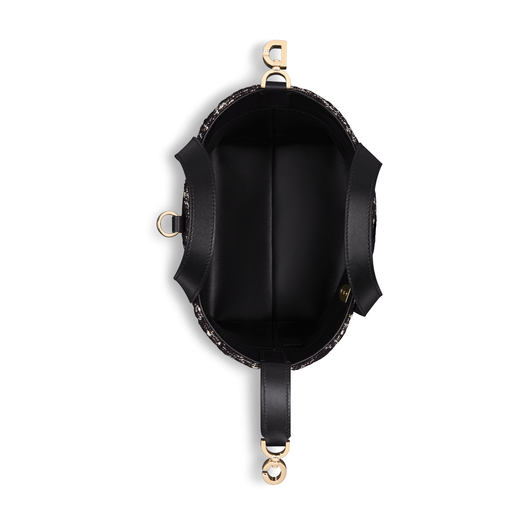 Bolso tote vertical pequeño Dior Toujours Tweed negro con motivo Cannage blanco E06