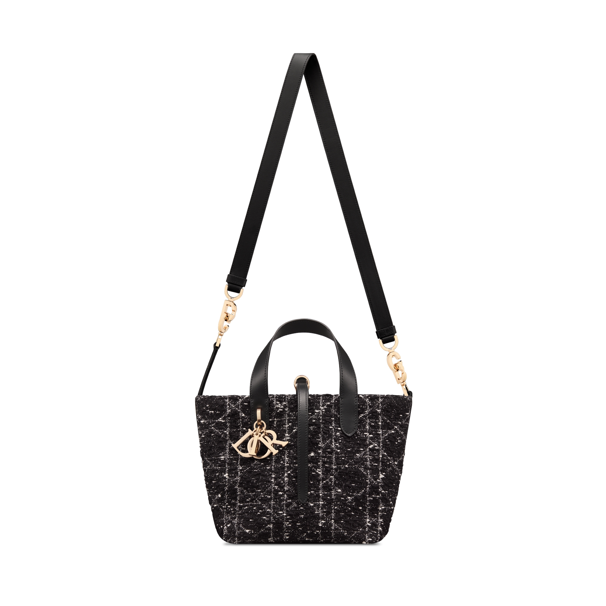 Bolso tote vertical pequeño Dior Toujours Tweed negro con motivo Cannage blanco E07