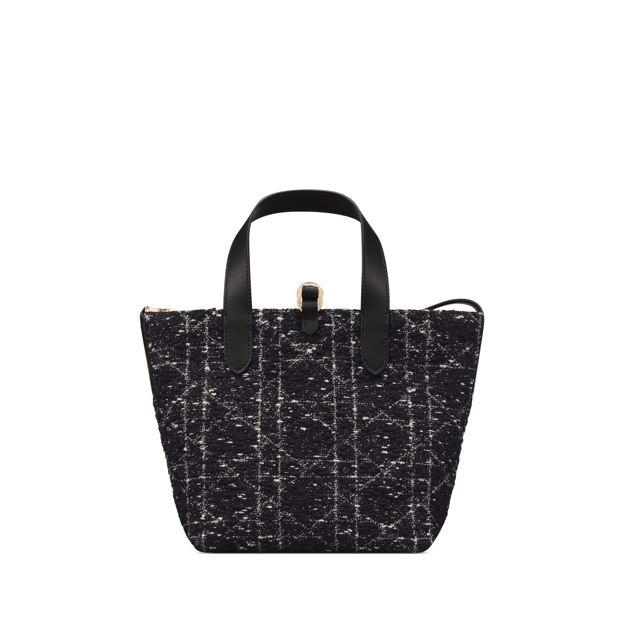 Bolso tote vertical pequeño Dior Toujours Tweed negro con motivo Cannage blanco E08