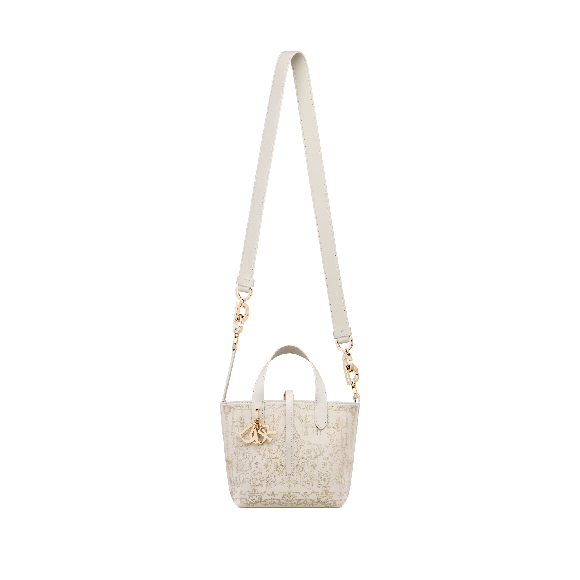 Bolsa tote vertical Dior Toujours pequena Couro de vitelo latte com estampa Dioresque Stella dourada E07