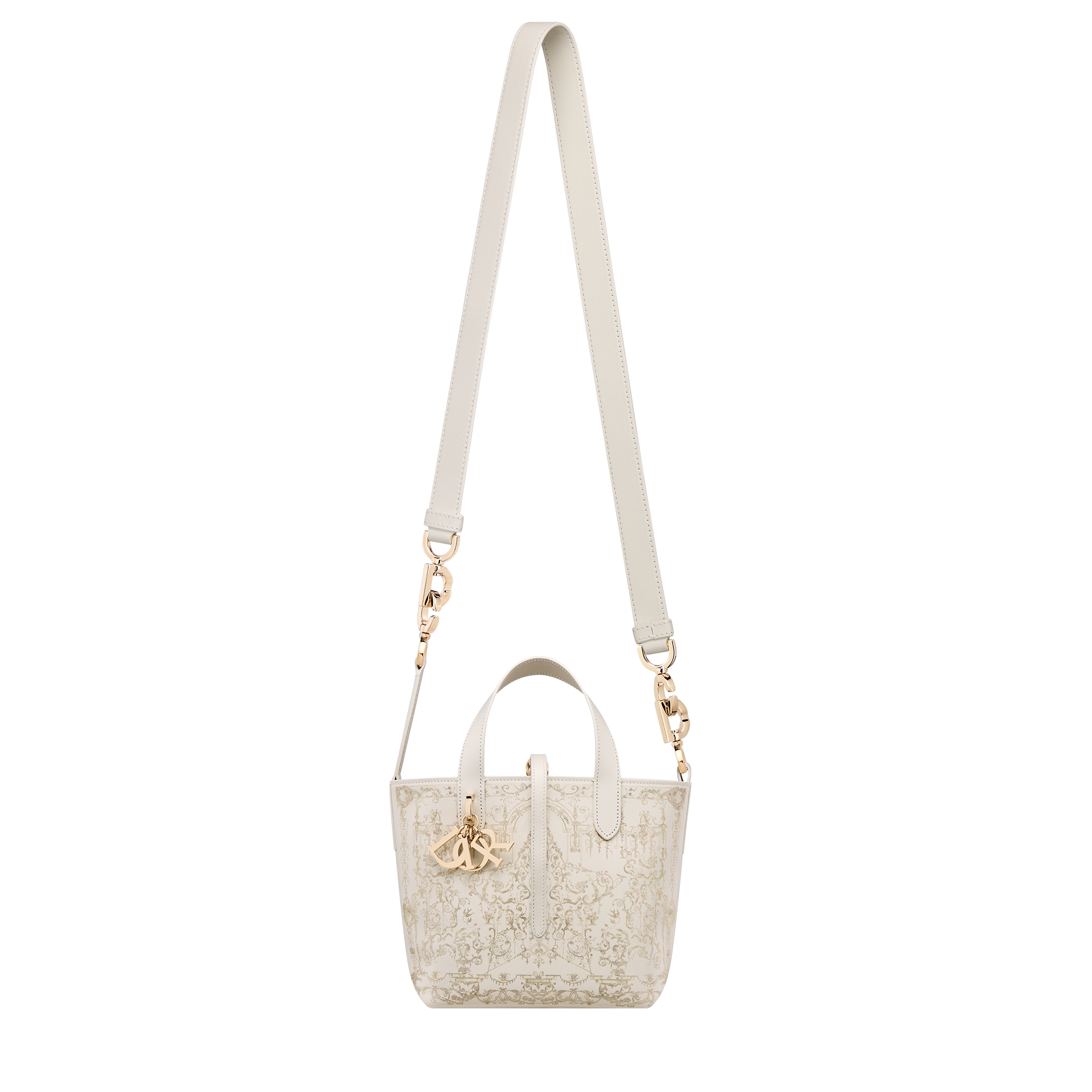 Small Dior Toujours Vertical Tote Bag Latte Calfskin with Gold-Tone Dioresque Stella Print E07